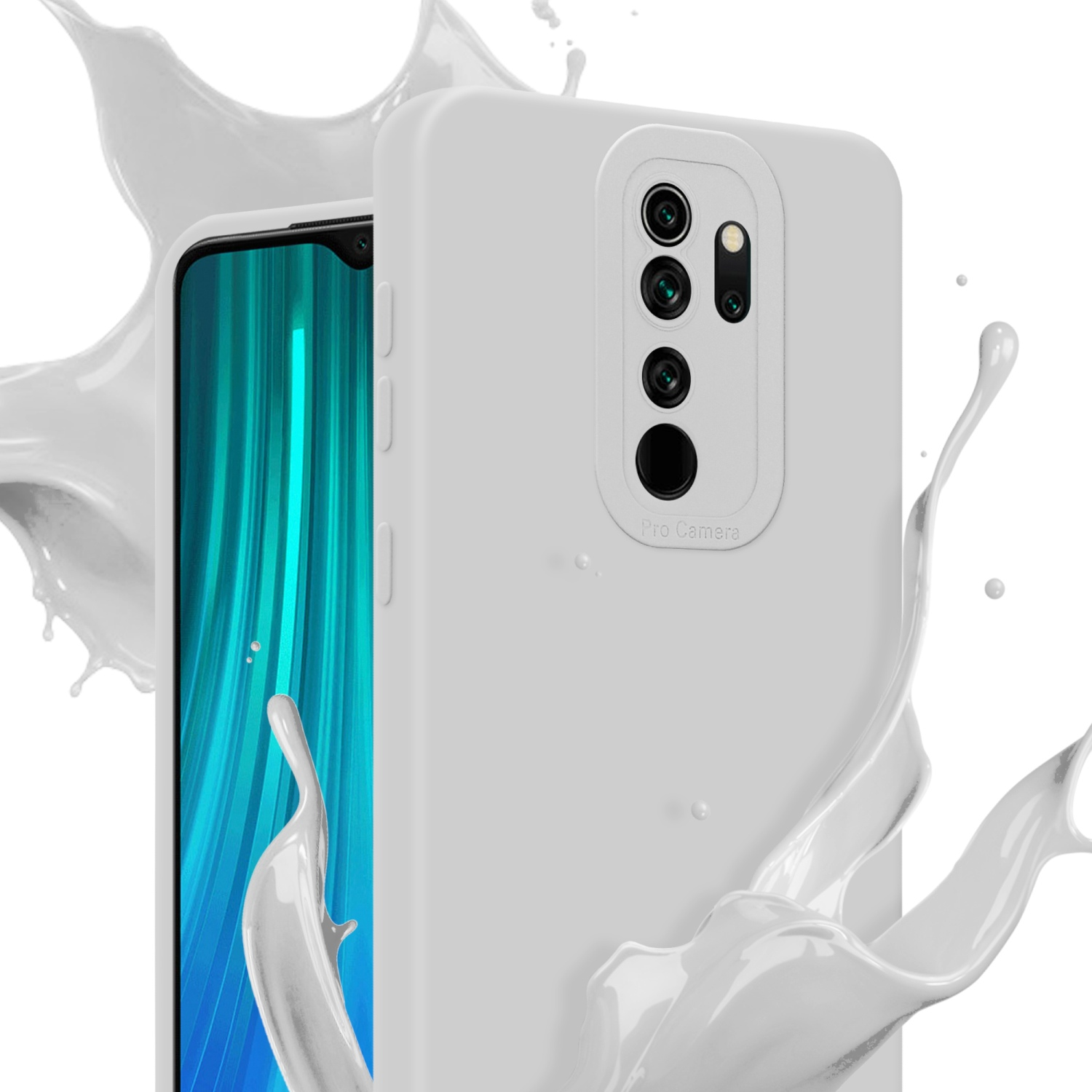Custodia bianca con schizzo di liquido bianco. Lo schermo mostra un design blu e verde.