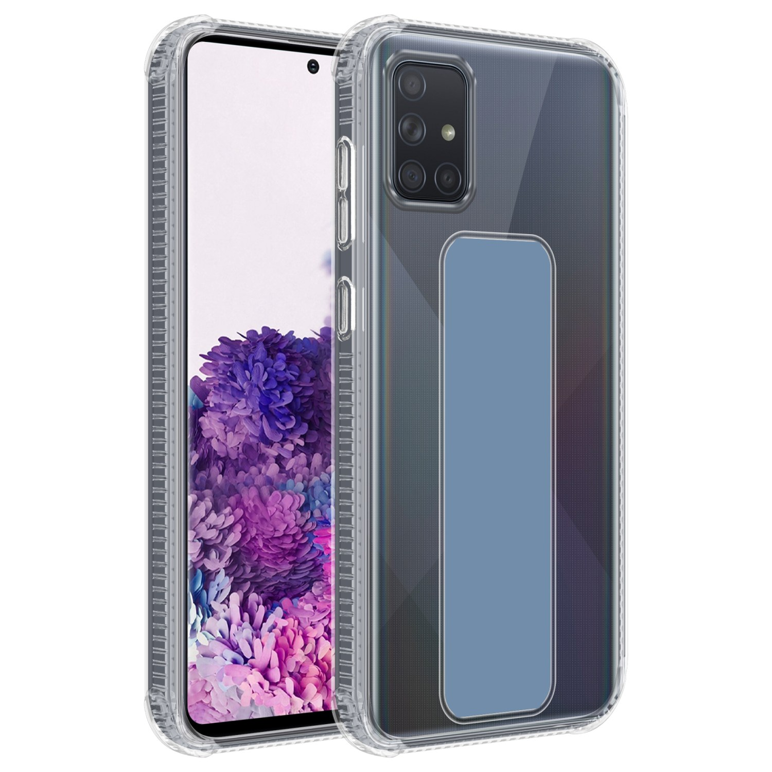 Transparente Handyhülle mit blauem Griff. Das Telefon wird aus zwei Blickwinkeln gezeigt, hinten und seitlich.