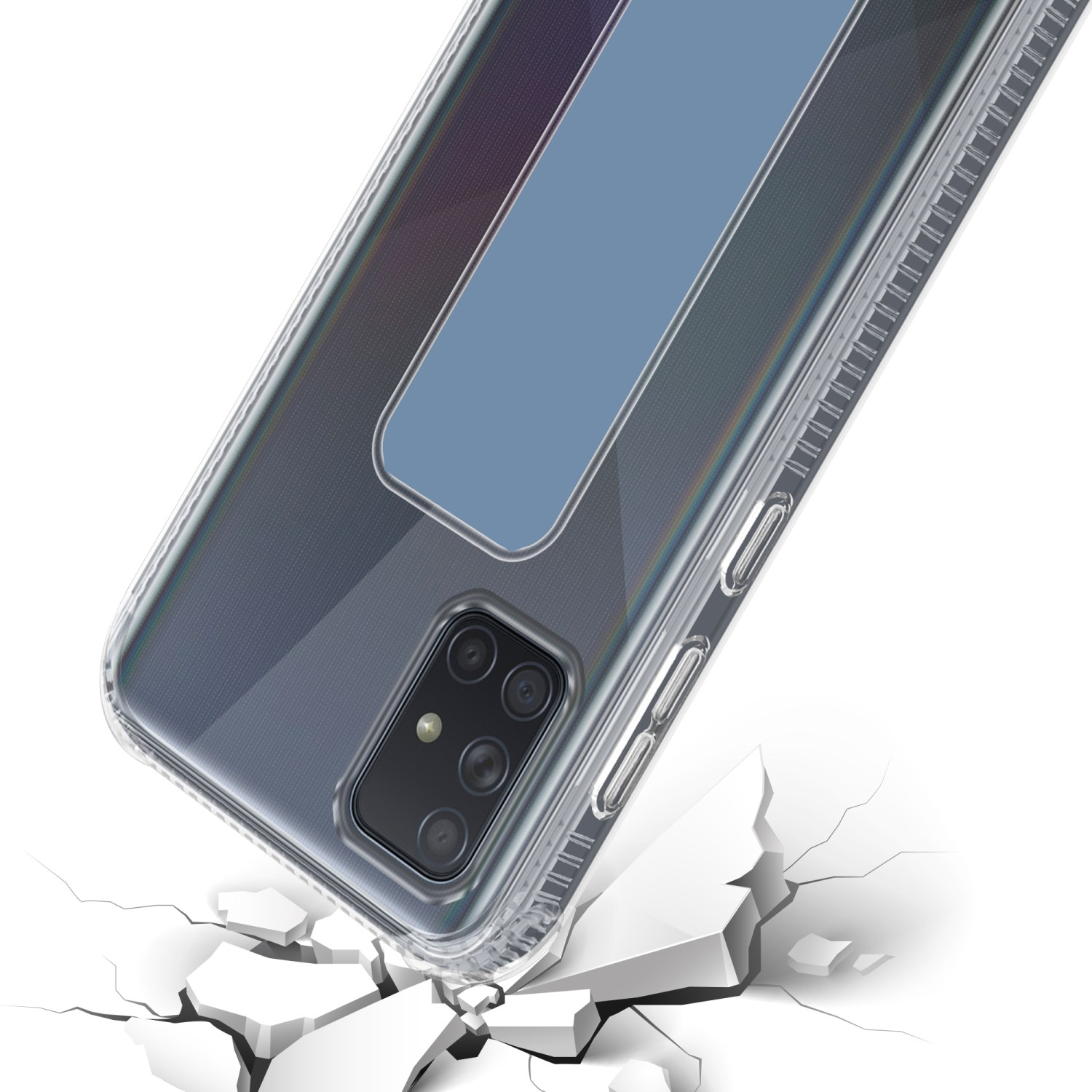 Transparente Handyhülle mit blauem Streifen auf einer rissigen Oberfläche.