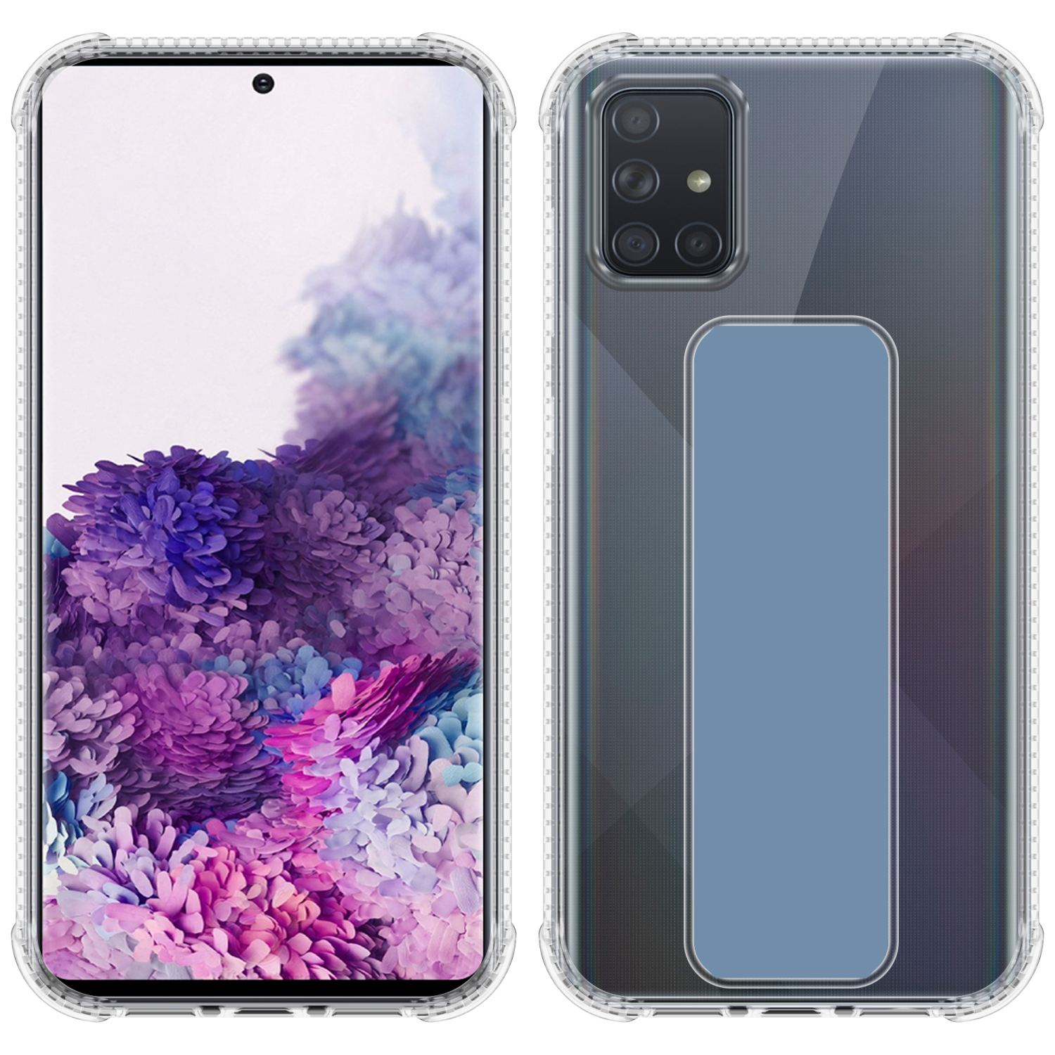Ein Telefon in einer transparenten Hülle, das die Vorder- und Rückseite zeigt. Die Vorderseite zeigt den Bildschirm.