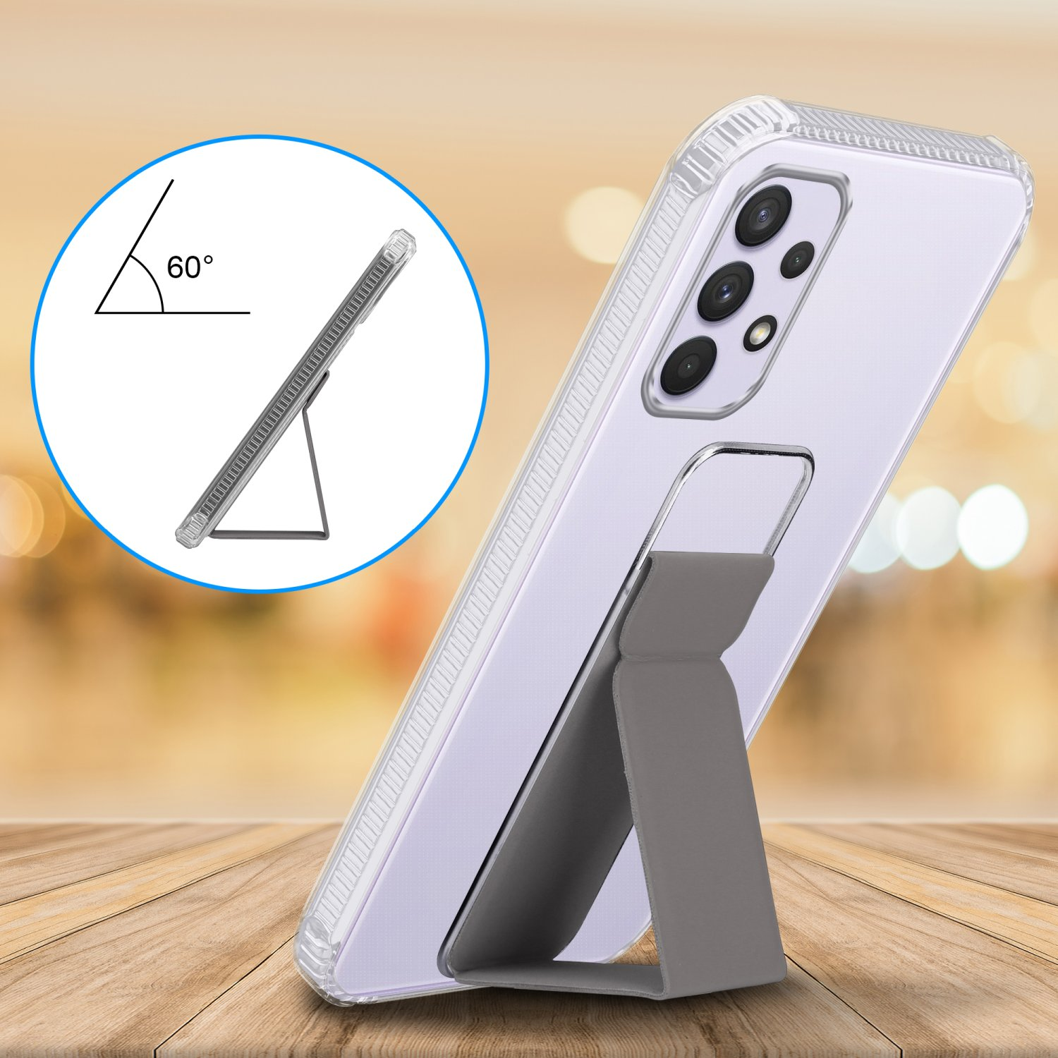 Eine transparente Handyhülle mit Ständer. Ein 60-Grad-Winkel wird gezeigt. Das Telefon liegt auf einem Tisch.
