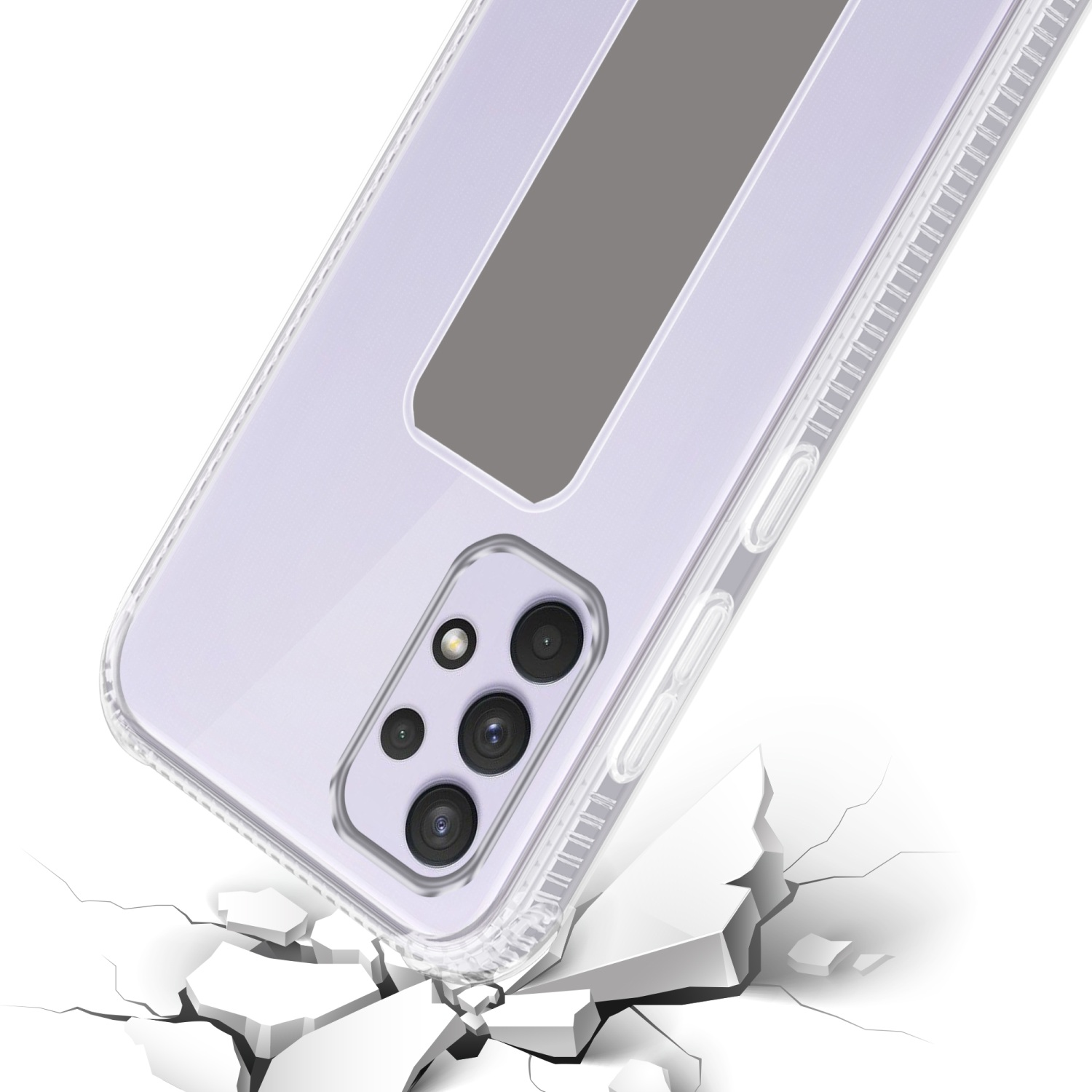Transparente Handyhülle mit einem Telefon darin. Die Hülle lässt den Boden aufbrechen. Telekamera-Details sind sichtbar.