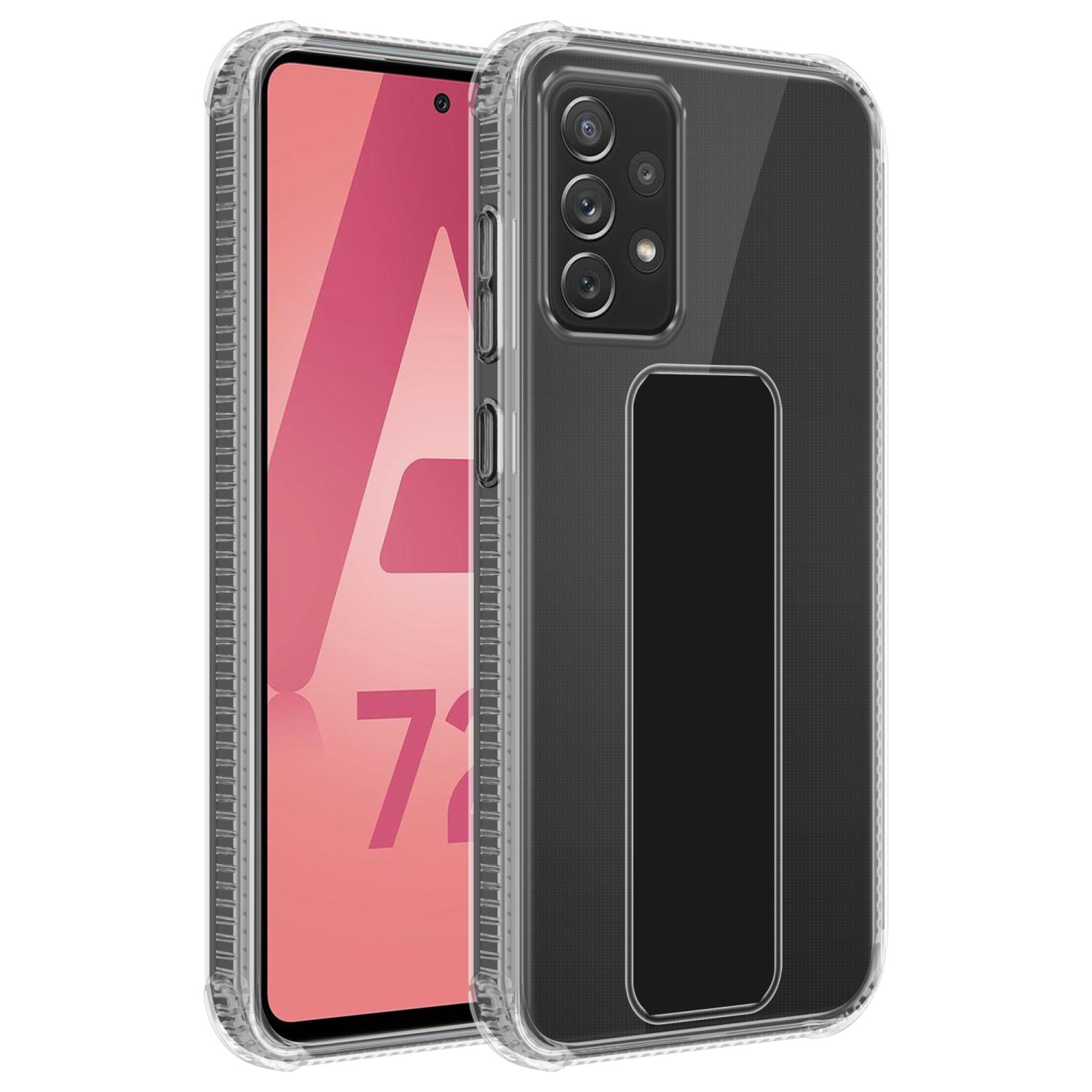 Zwei transparente Handyhüllen, eine mit einem Ständer und ein Telefon, das einen rosa Bildschirm zeigt. Weißer Hintergrund.