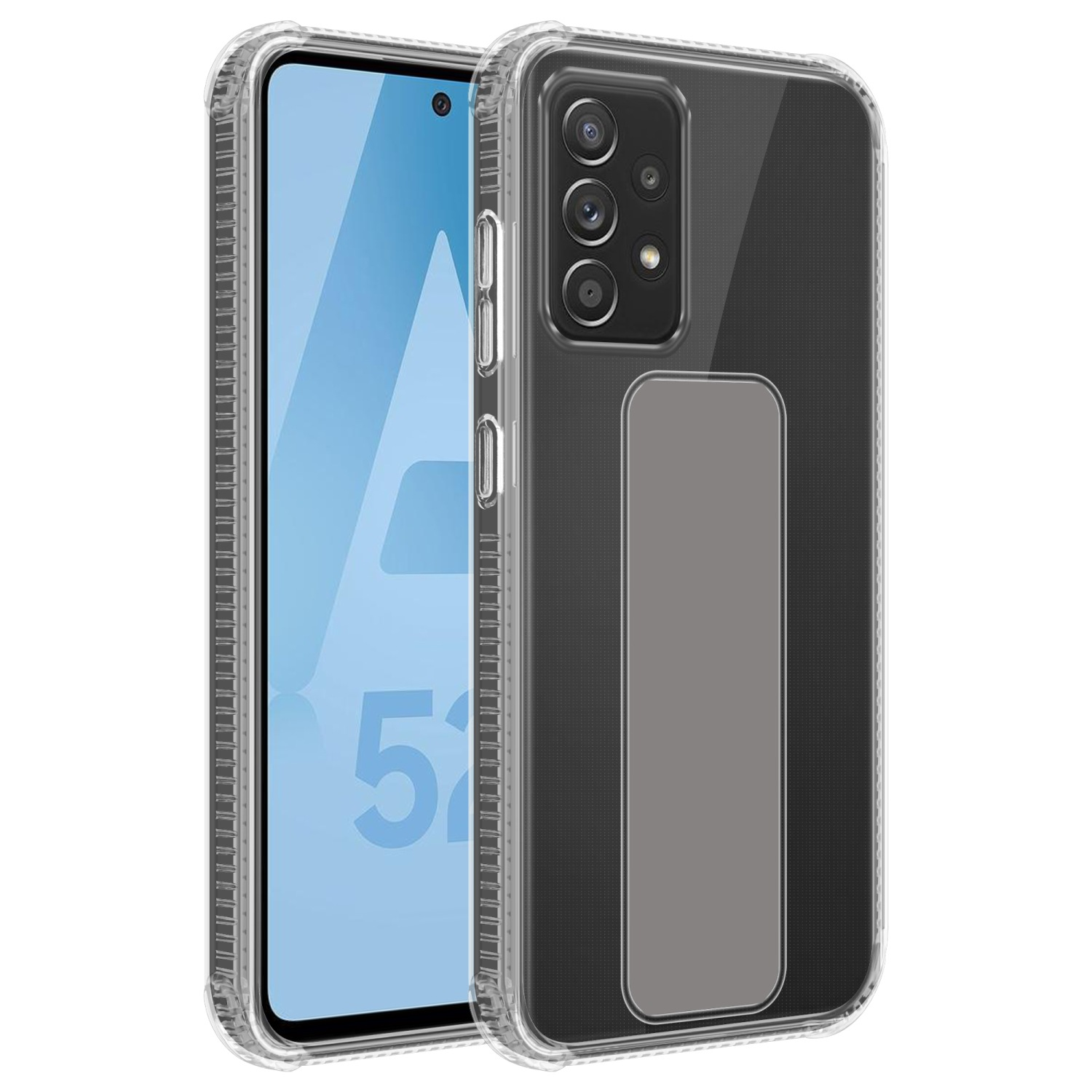 Transparente Handyhülle mit einem Telefon darin, mit einem Ständer auf der Rückseite.