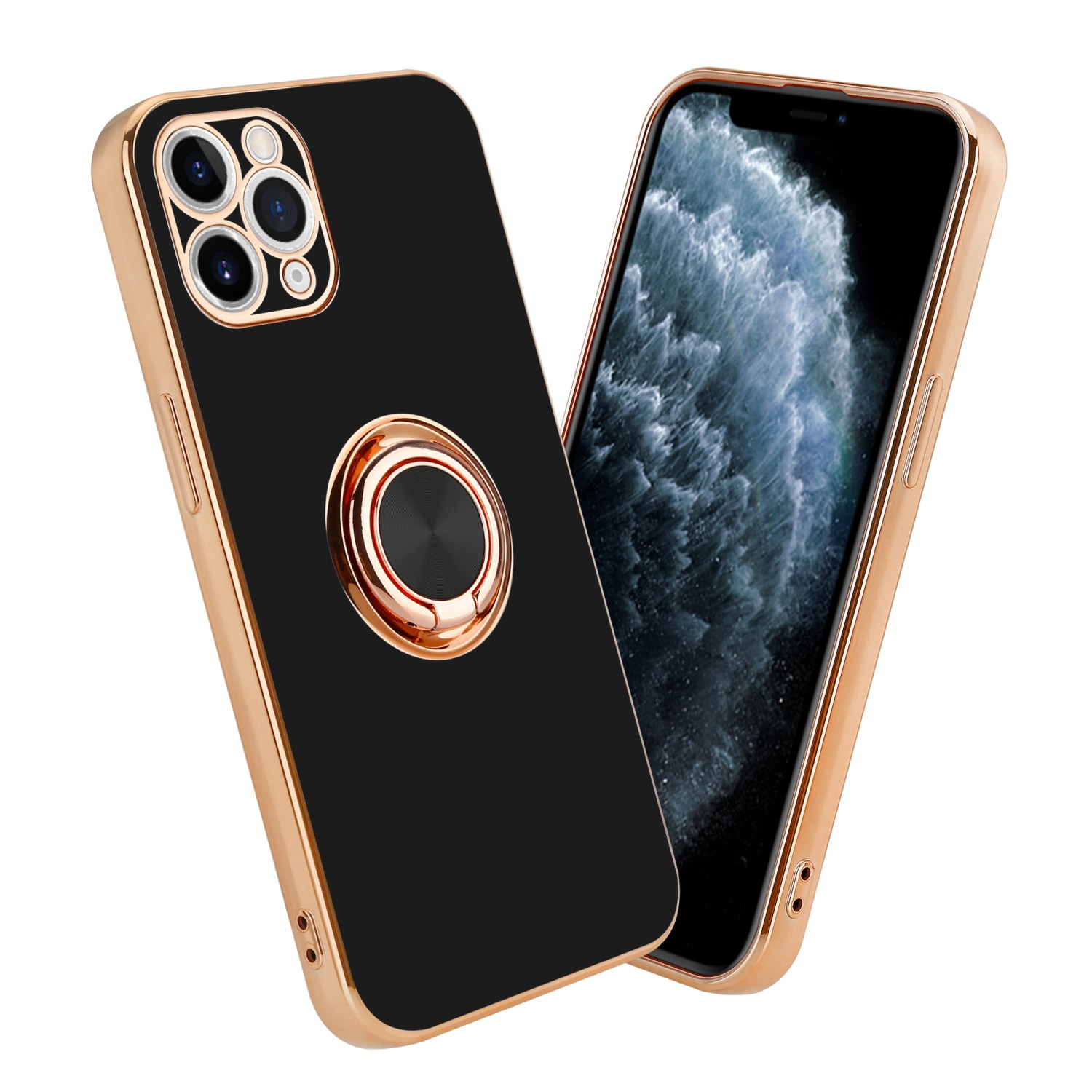 Apple, Hülle Schwarz Glossy MAX, 11 CADORABO iPhone Kameraschutz - Autohalterung, PRO Backcover, magnetischer und mit Gold