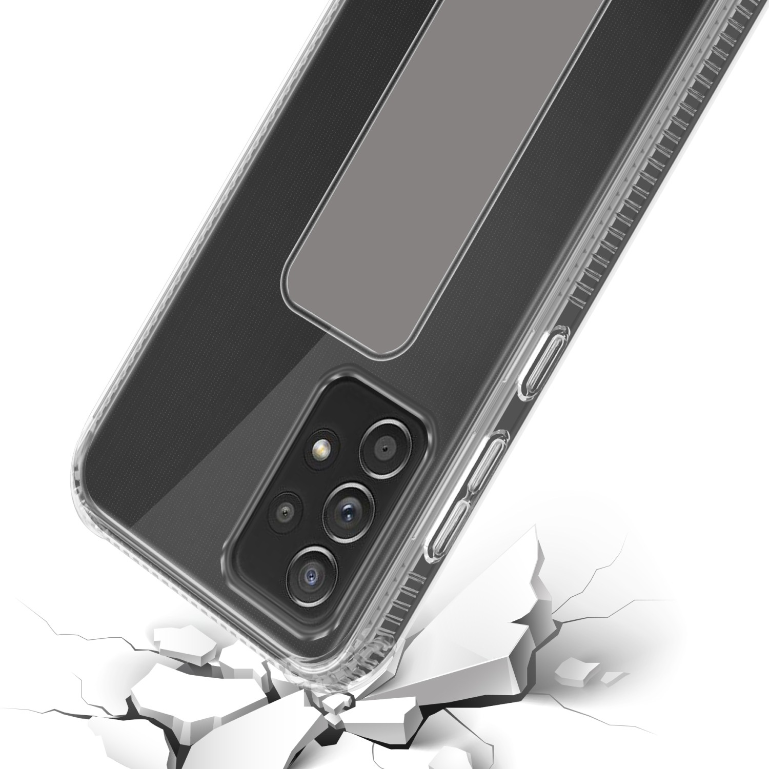 Eine Handyhülle liegt auf einer weißen Oberfläche. Die transparente Hülle bedeckt das Telefon.