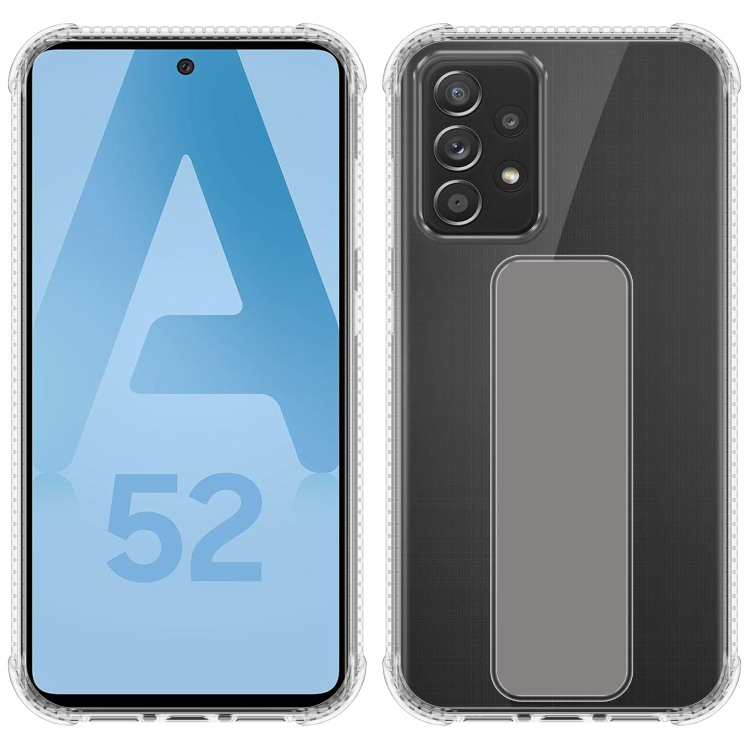 Zwei Telefone in transparenten Hüllen, eins mit Nummer 52, mit Ständer.