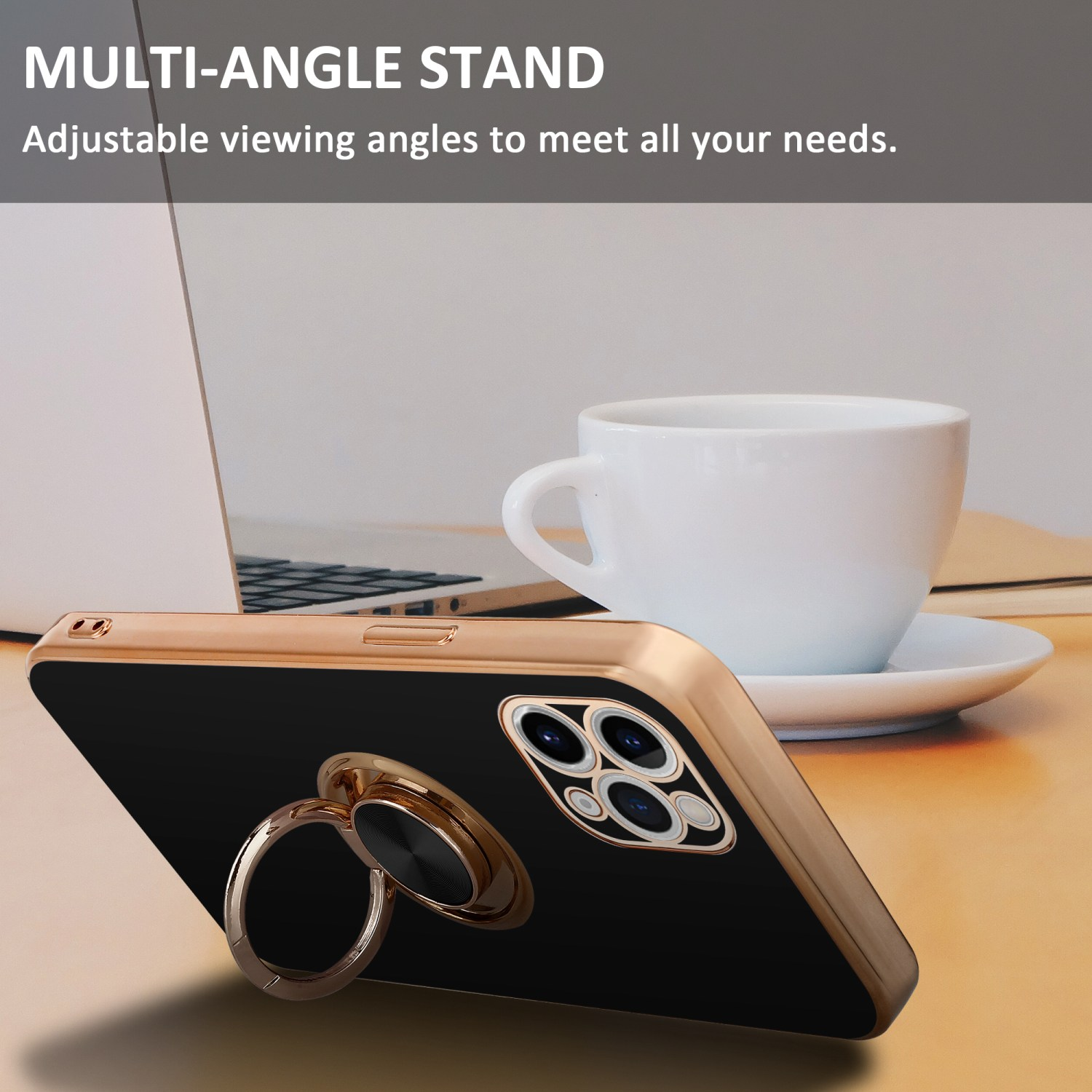 Handyhülle mit Ringhalter mit Laptop und Kaffeetasse im Hintergrund.