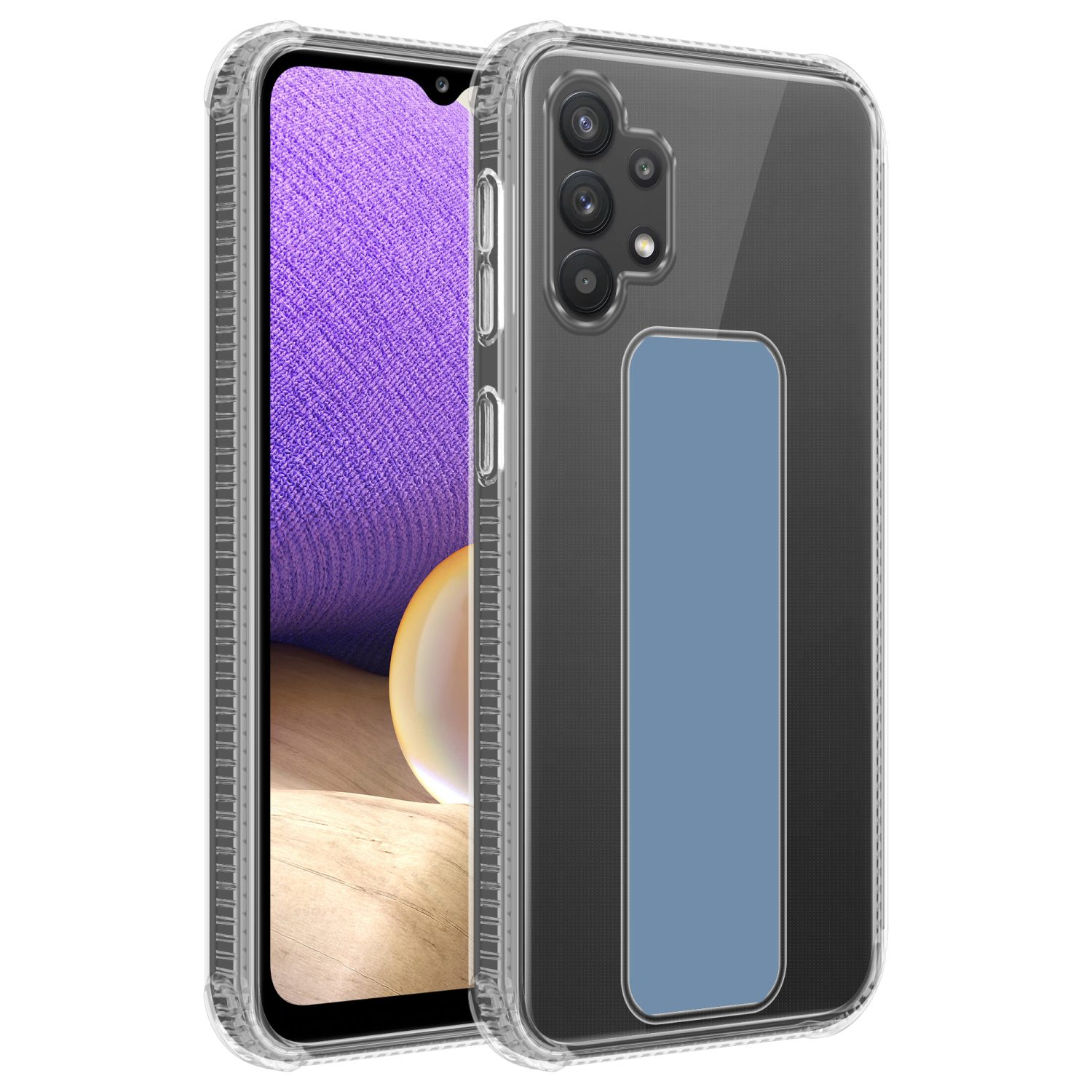 Transparente Handyhülle mit blauem rechteckigem Griff. Das Telefon befindet sich in der Hülle.