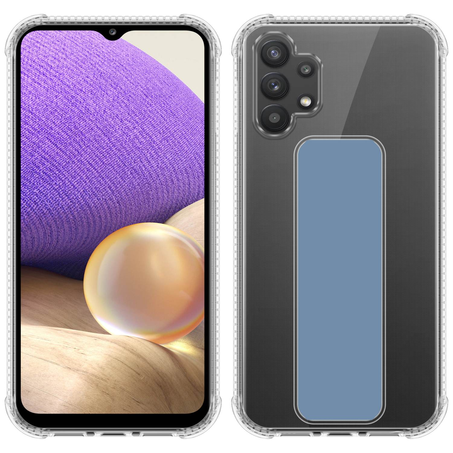 Transparente Handyhülle mit einem Telefon mit lila Hintergrund. Transparente Hülle mit blauem Griff.