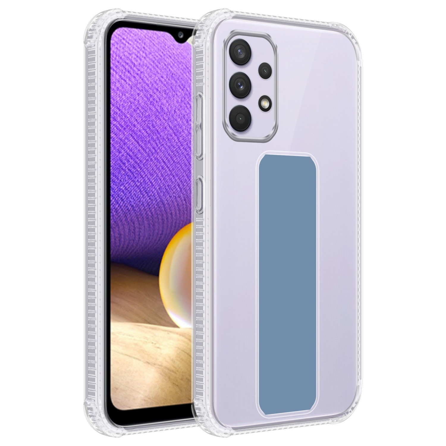 Transparente Handyhülle mit blauem Rechteck auf der Rückseite. Das Telefon hat einen lila Bildschirm.