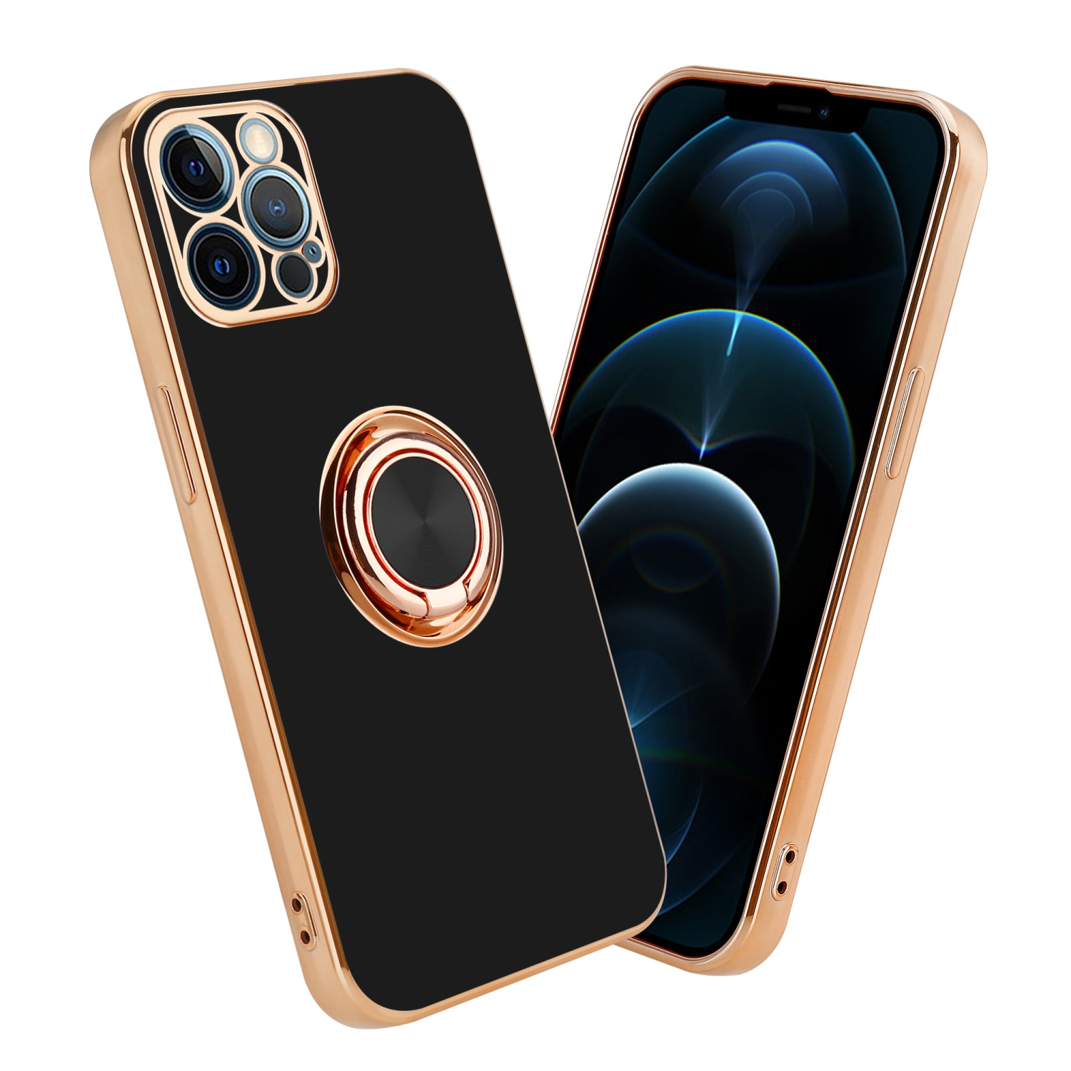 Schwarze Handyhülle mit goldenem Rahmen. Telefon hat Ringhalter. Weißer Hintergrund.