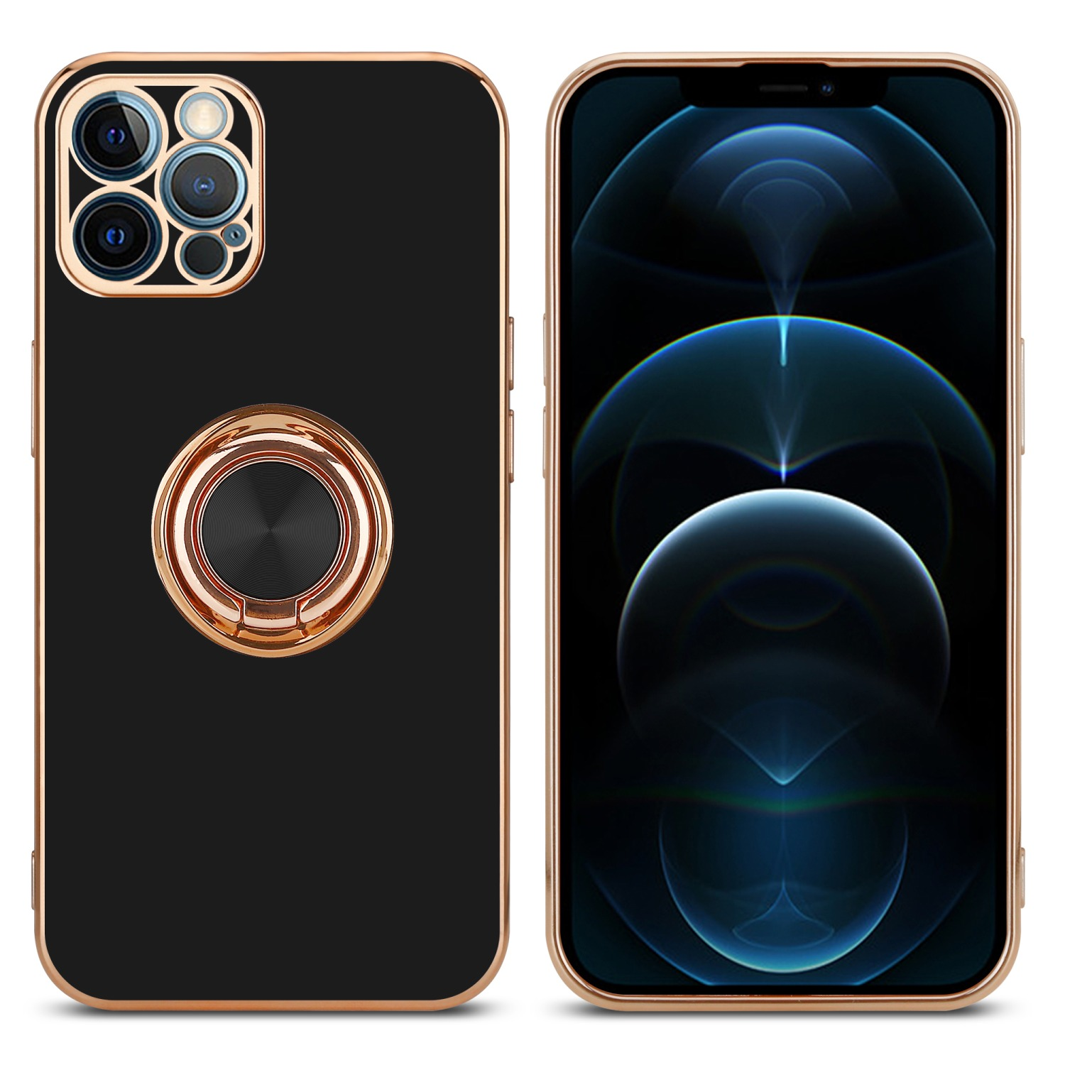 Eine schwarze Handyhülle mit goldenem Ringhalter und ein Telefon, das einen blau thematisierten Bildschirm zeigt.
