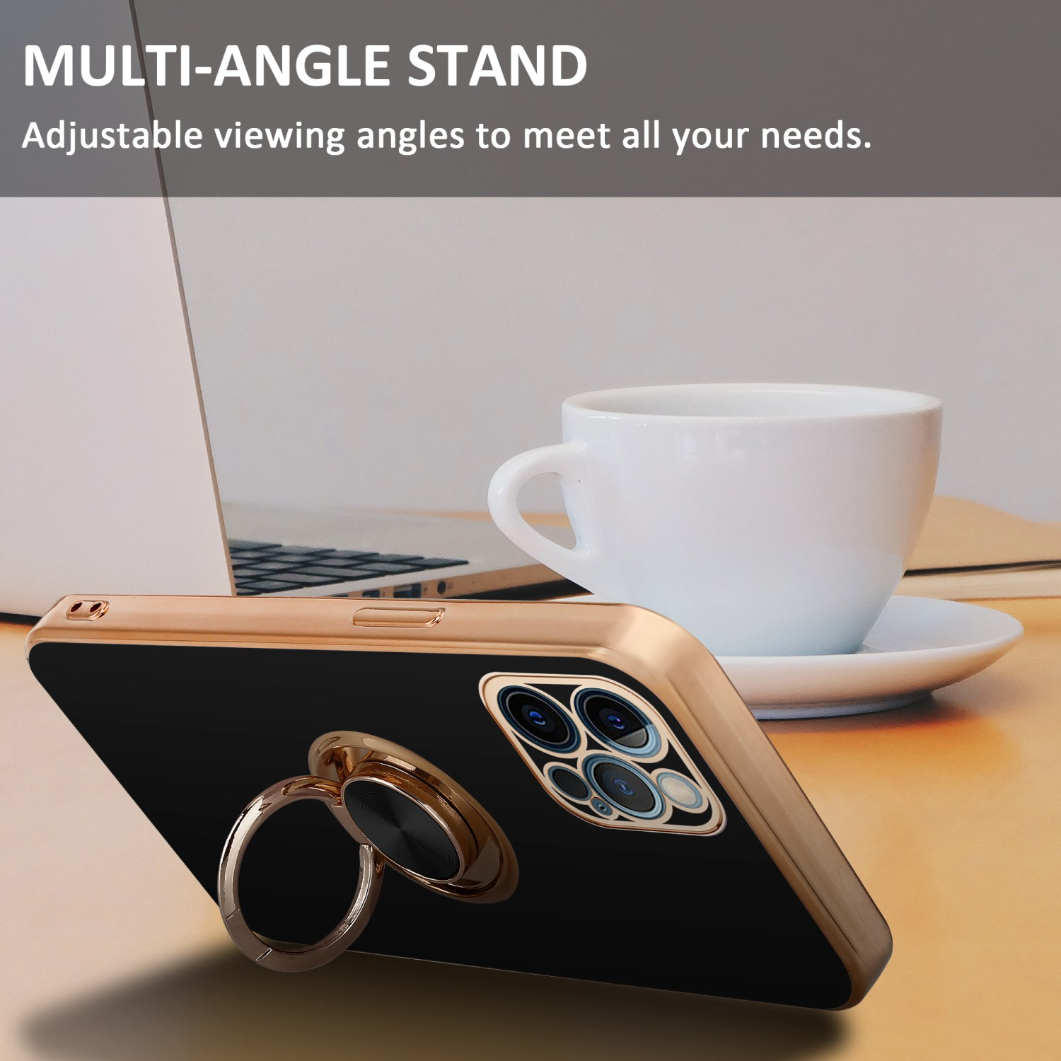 Schwarze Handyhülle mit goldenem Ringständer, Laptop und Tasse. Text: Multi-Winkel-Ständer.