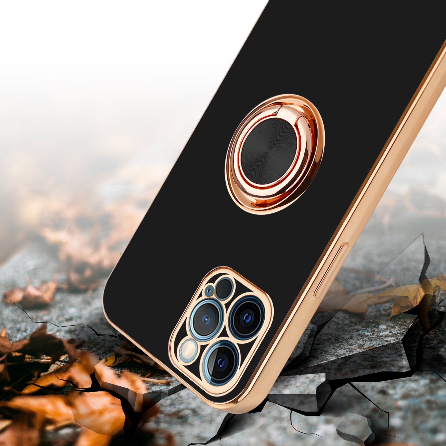 - Apple, Glossy Kameraschutz PRO 12 MAX, mit Gold iPhone Backcover, magnetischer CADORABO Schwarz und Autohalterung, Hülle