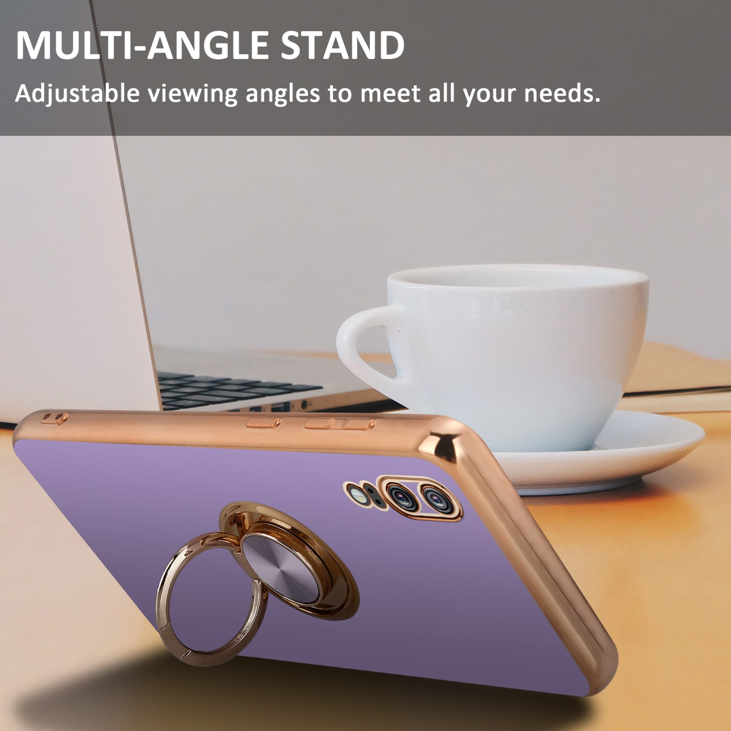 Lila Handyhülle mit Ringständer, auf einem Holztisch. Eine weiße Tasse und ein Laptop sind im Hintergrund.