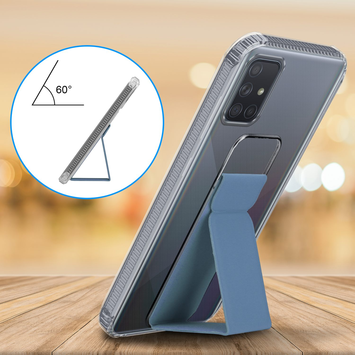 Ein Telefon in einer durchsichtigen Hülle mit blauem Ständer, zeigt einen 60-Grad-Winkel. Verschwommener Hintergrund.