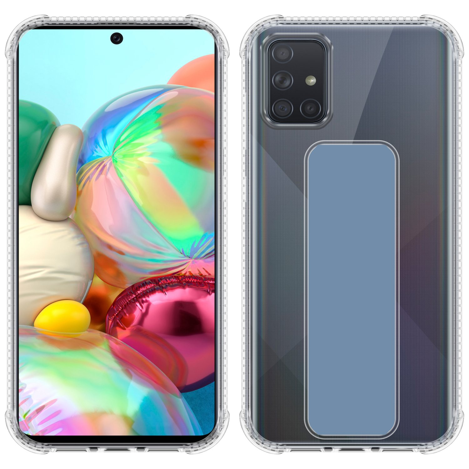 Zwei Handyhüllen, eine mit einem Bildschirm, der ein farbenfrohes Design anzeigt, die andere mit einem Ständer.