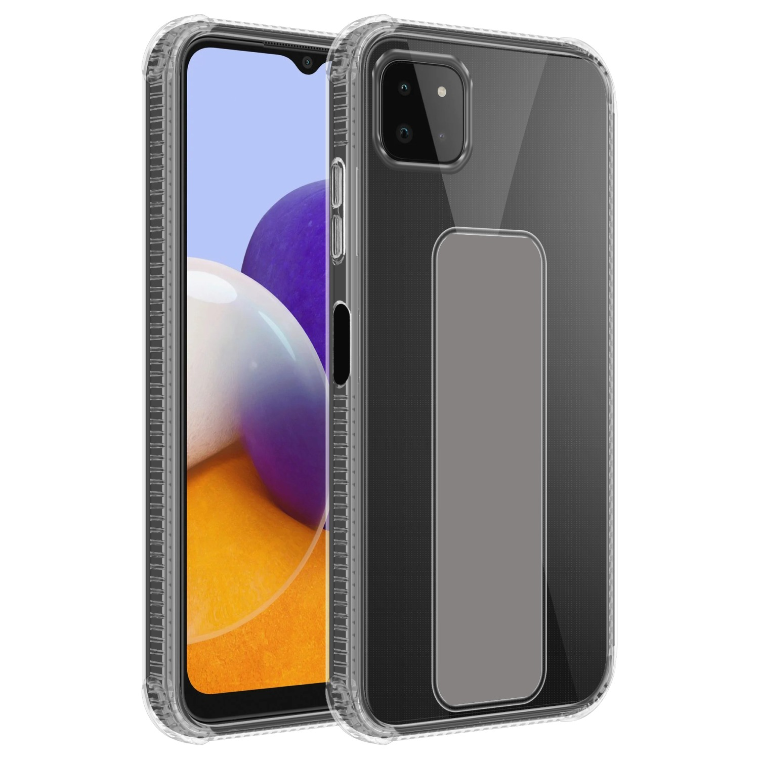 Transparente Handyhülle mit Telefon. Die Hülle hat einen Ständer.