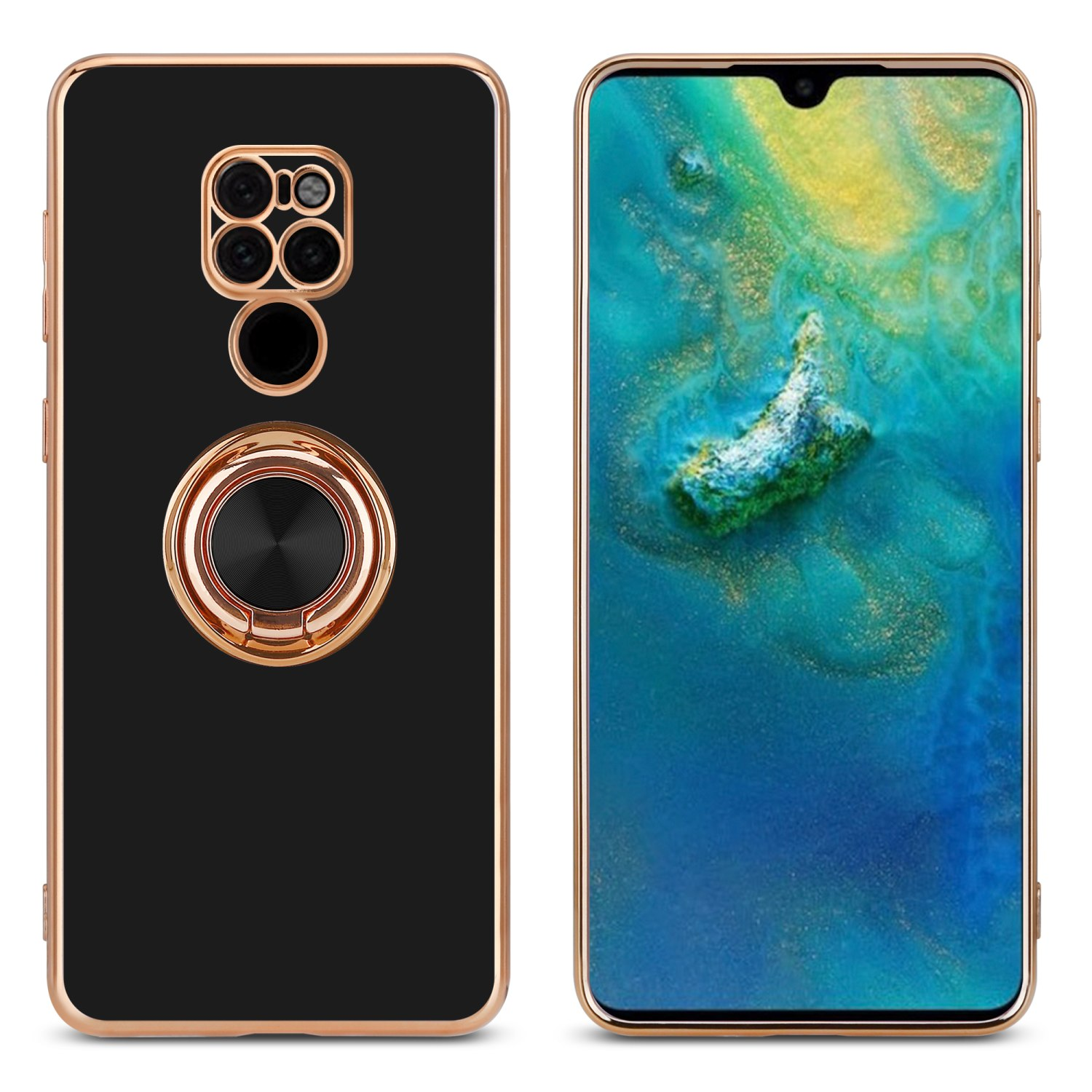 Zwei Bilder: eine schwarze Handyhülle mit Ring und ein Telefonbildschirm mit blauem und goldenem Hintergrund.