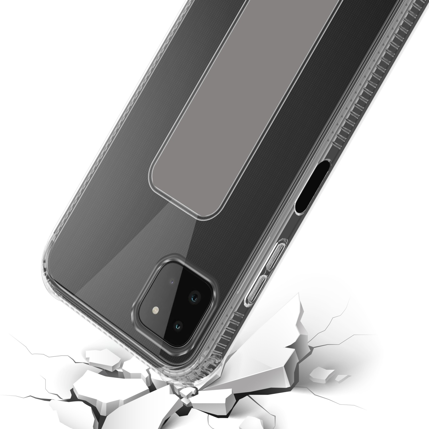 Eine transparente Handyhülle auf einer zerbrochenen Oberfläche. Die Hülle hat einen Fingerriemen.