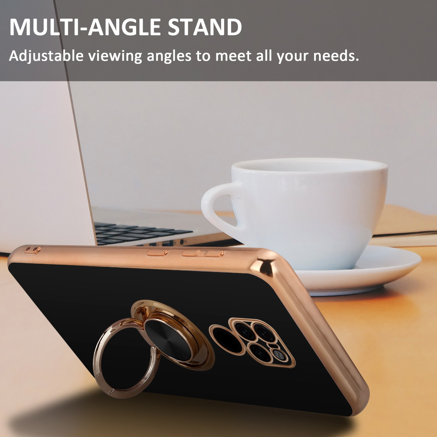 Schwarze Handyhülle mit goldenem Ringhalter, auf einem Schreibtisch mit Tasse und Laptop.