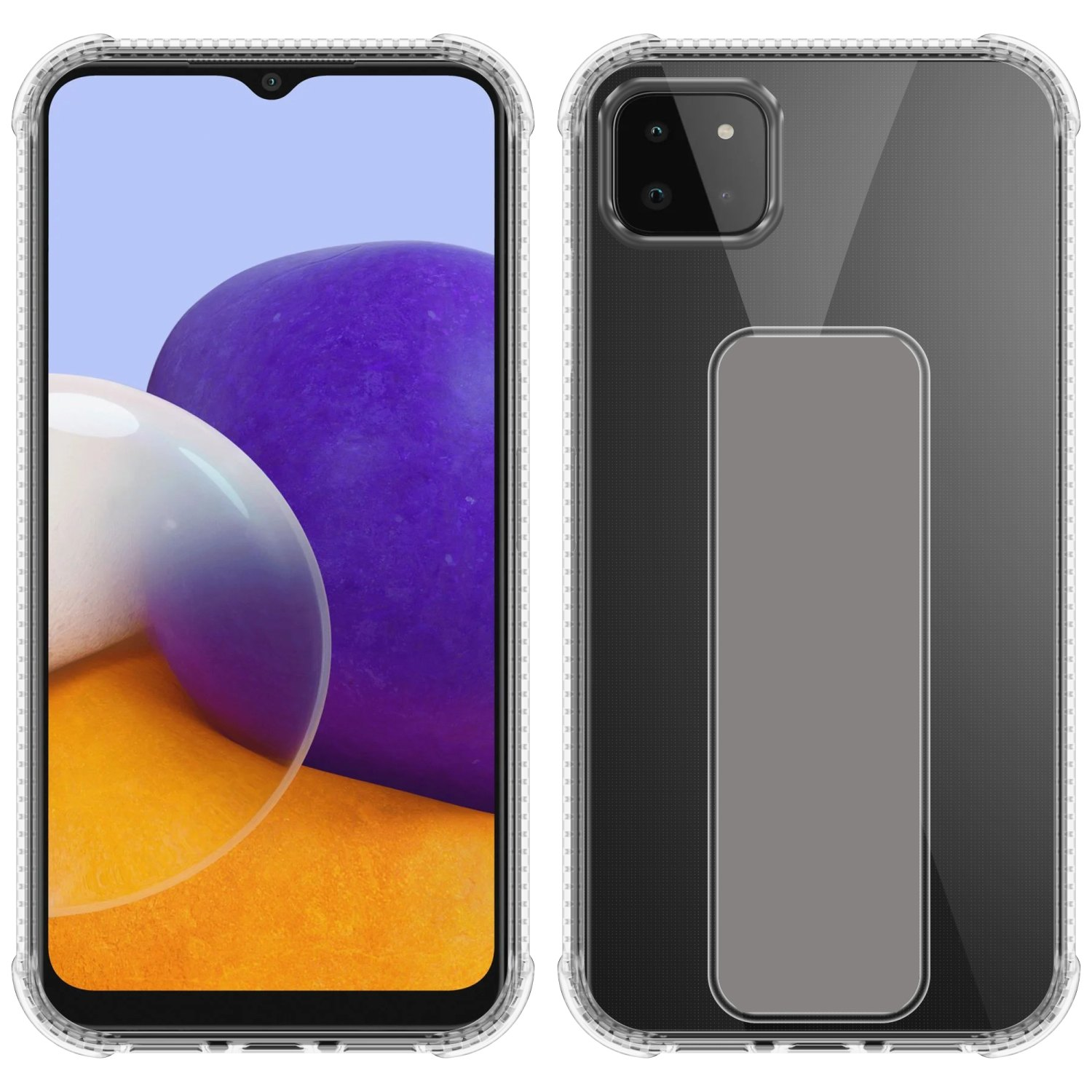 Zwei Telefone, eines mit transparenter Hülle und einem Bildschirm mit bunten Formen.
