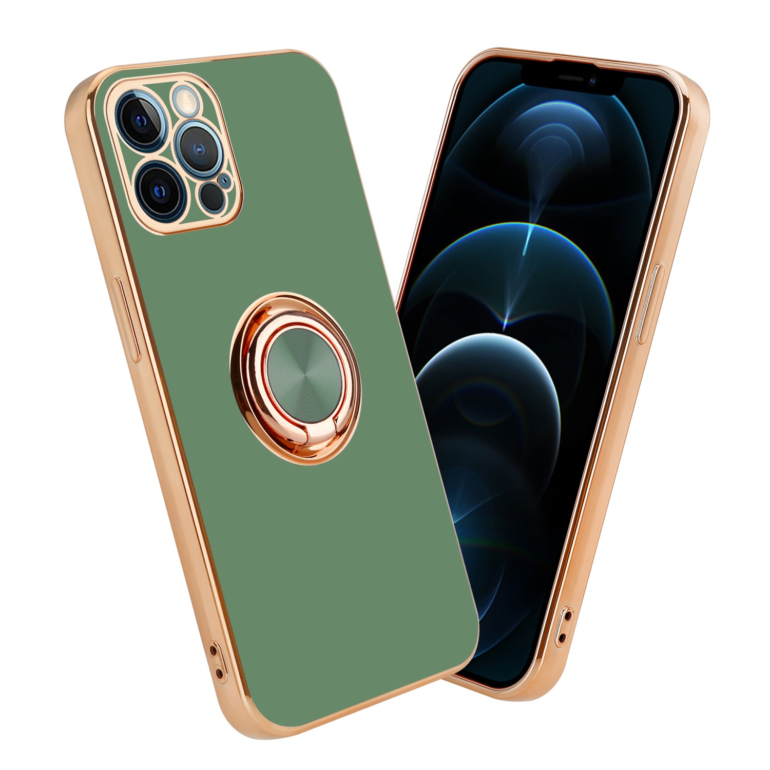 mit Hülle Hell und iPhone Kameraschutz PRO, Glossy CADORABO Gold magnetischer Grün Backcover, 12 - Autohalterung, Apple,