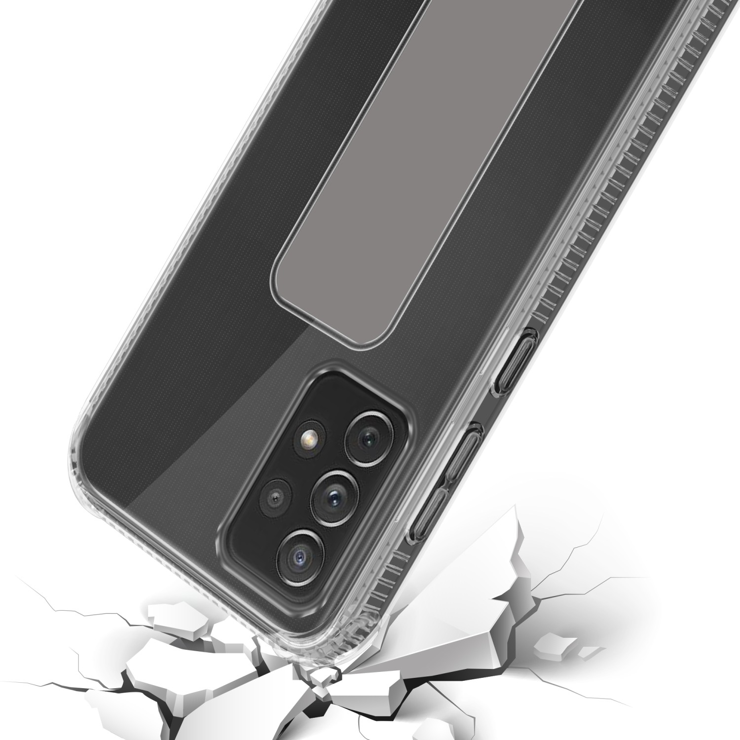 Transparente Handyhülle mit Ständer auf einer rissigen Oberfläche.