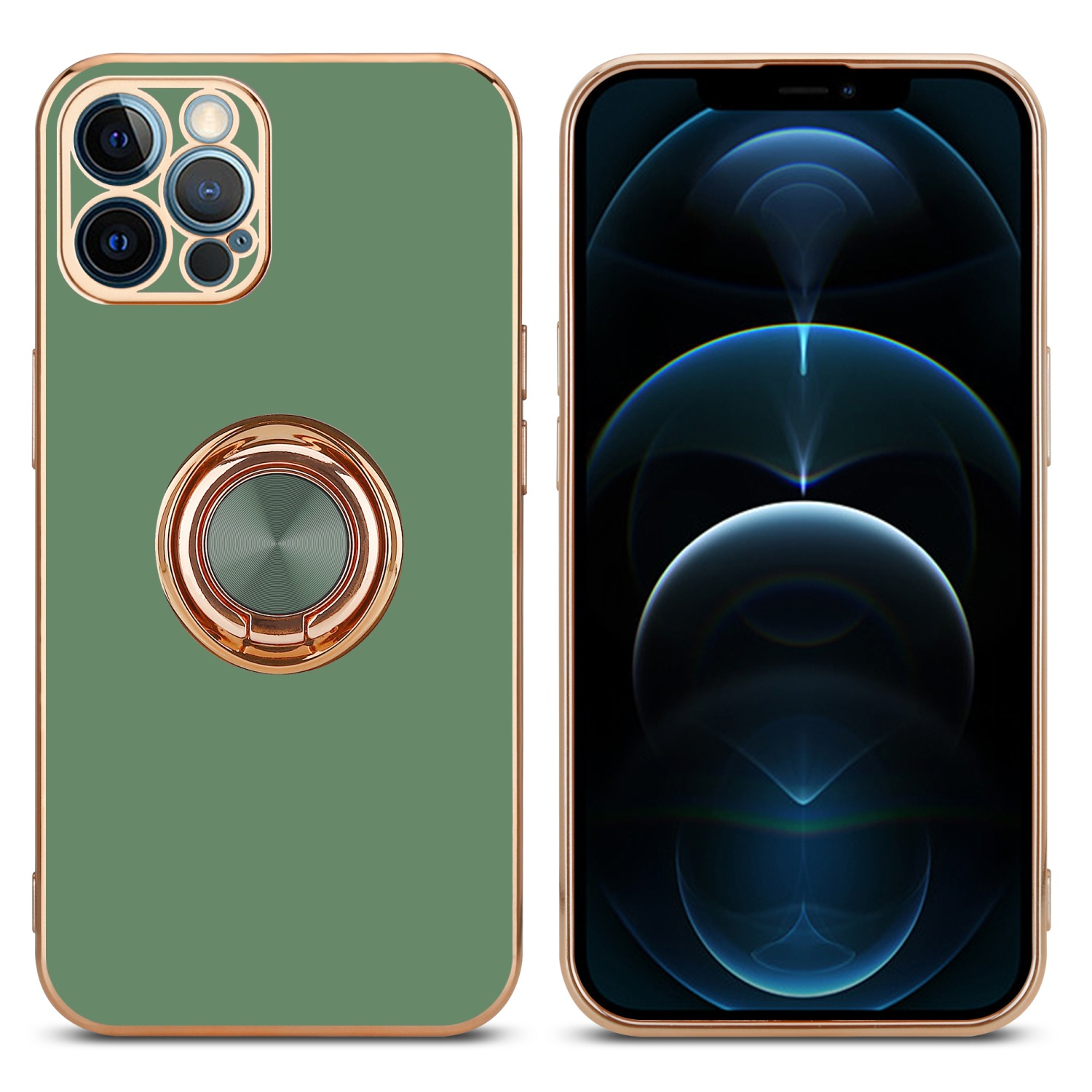 Eine grüne Handyhülle mit einem goldenen Ringhalter. Das Telefon zeigt einen Bildschirm.