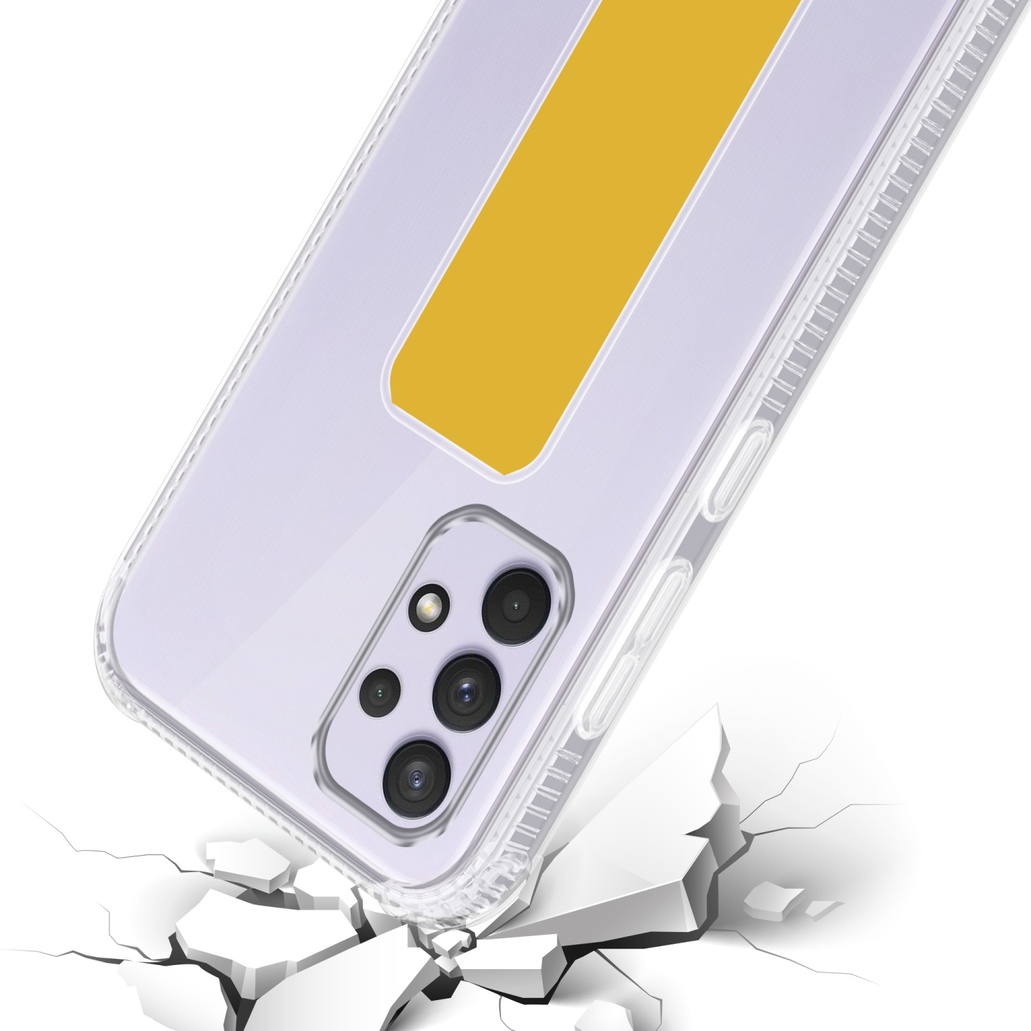 Eine Handyhülle mit gelbem Streifen, das Handy steht auf Rissboden.