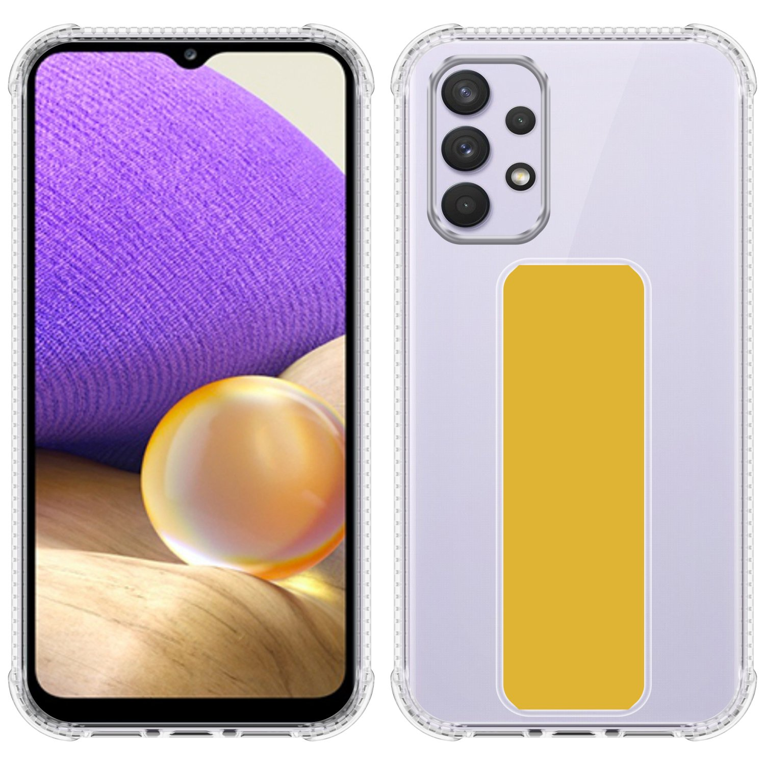 Ein Telefon mit transparenter Hülle, Vorder- und Rückseite, mit gelbem Ständer.