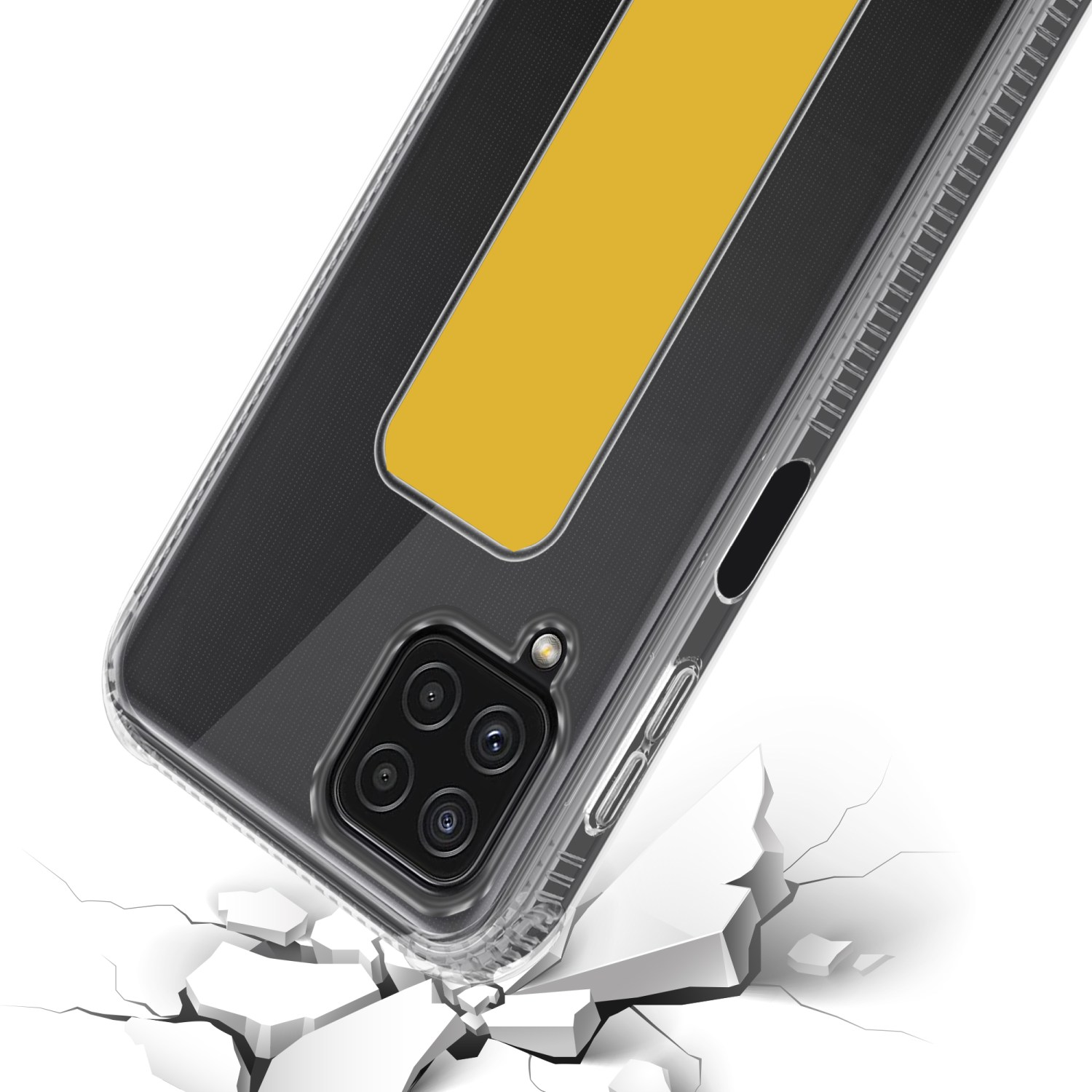 Ein Telefon mit einer transparenten Hülle und einem gelben Rechteck auf einer zerbrochenen Oberfläche. Die Hülle hat goldfarbene Zierleisten.