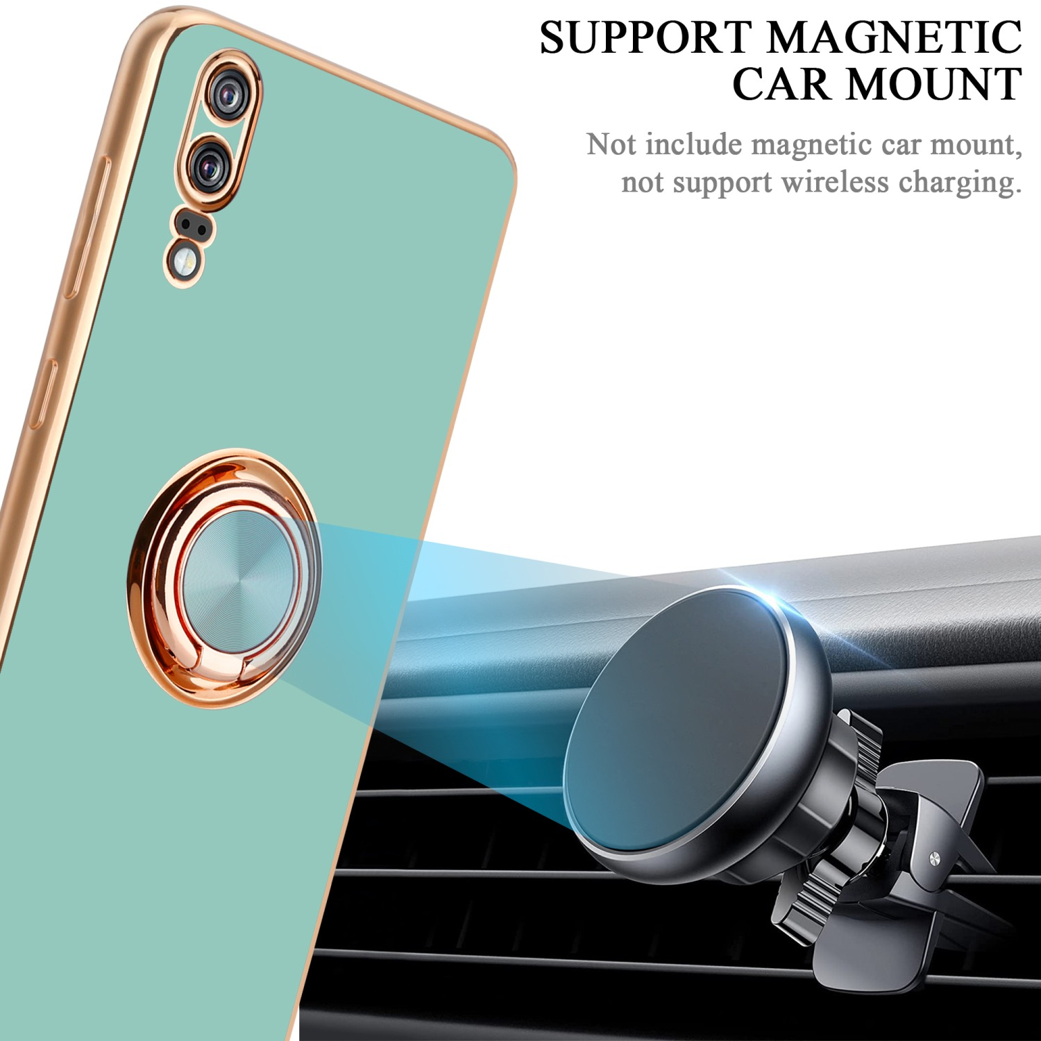 Eine Handyhülle mit Ringhalter und magnetischer Autohalterung. Text: SUPPORT MAGNETIC CAR MOUNT.