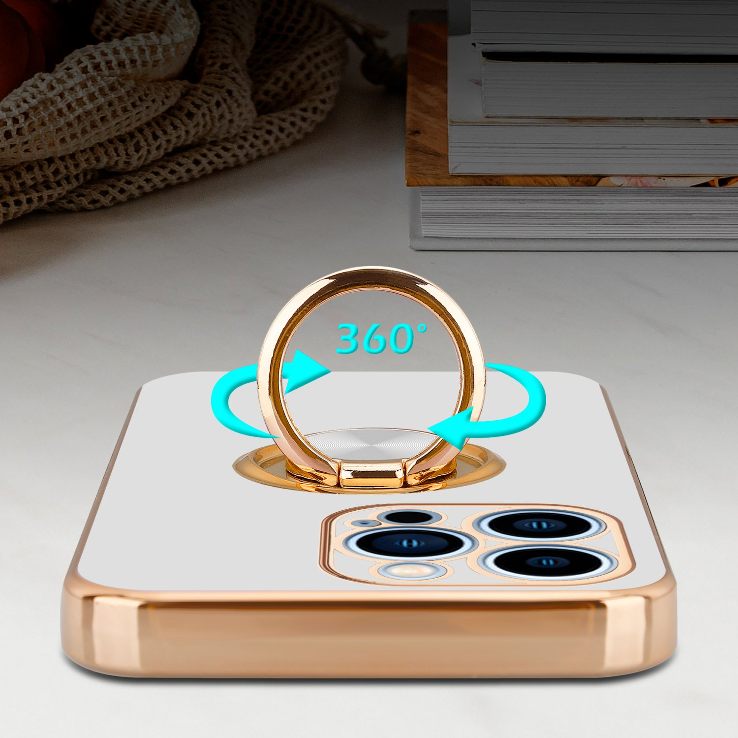 Eine Handyhülle mit einem Ringhalter. Der Ring dreht sich um das Telefon.