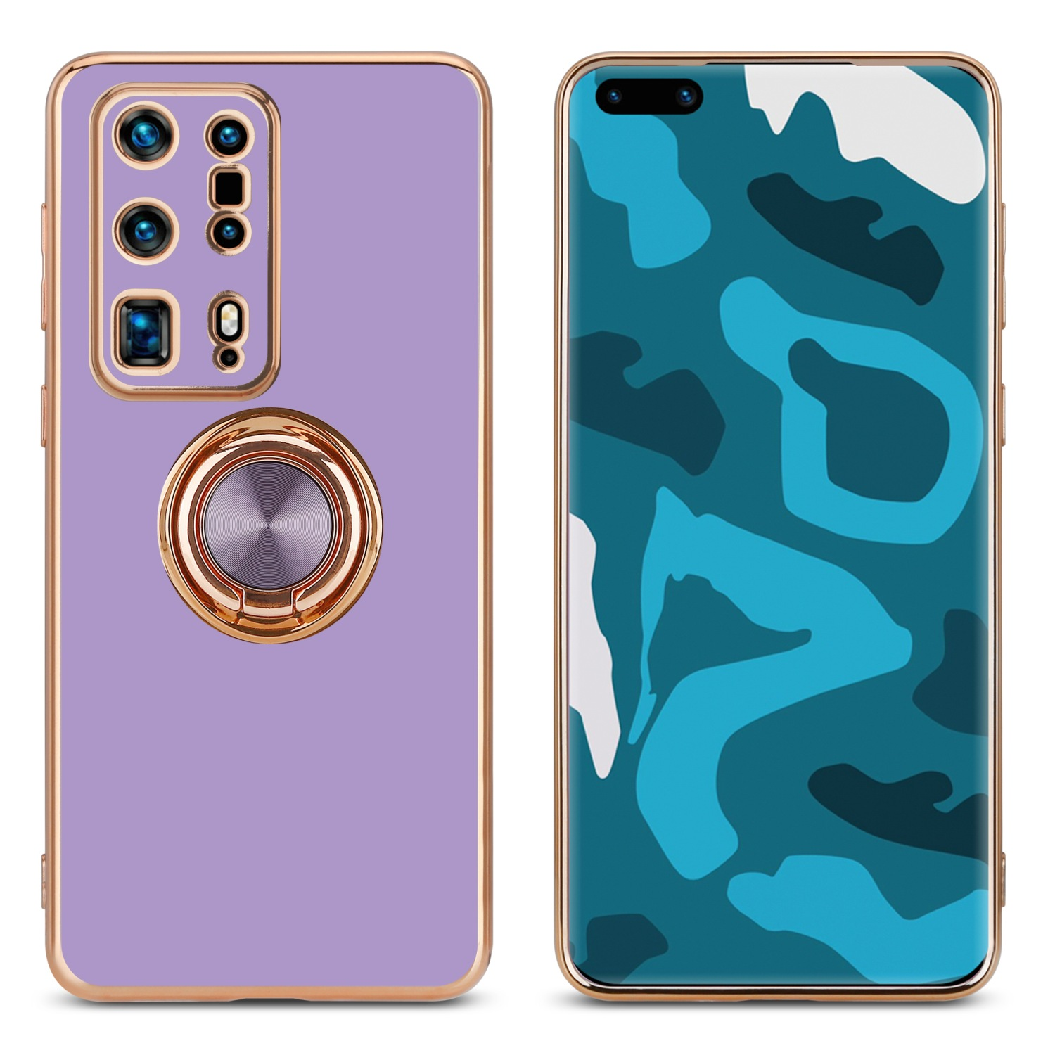 Zwei Handyhüllen, lila und blau Camouflage. Eine hat einen Ringhalter, die andere einen Bildschirm.