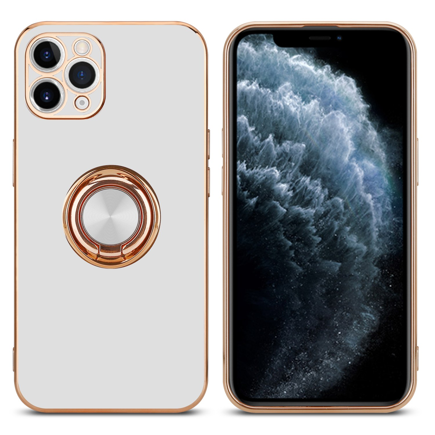 Telefon mit weißer Hülle und goldenem Ring, neben Telefon mit schwarzem Bildschirm.