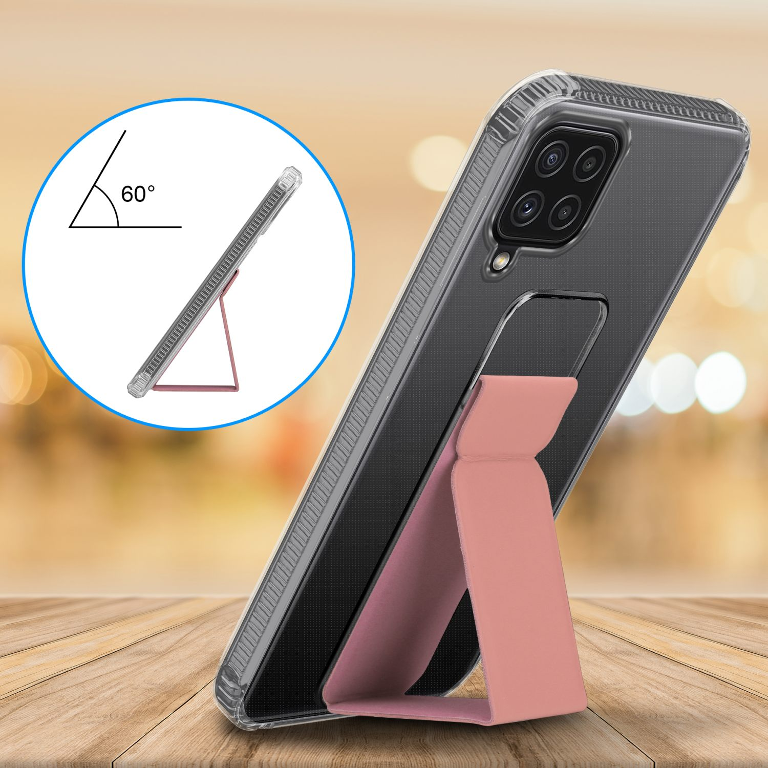 Ein Telefon in einer transparenten Hülle mit einem rosa Ständer. Ein Winkel von 60 Grad ist dargestellt.