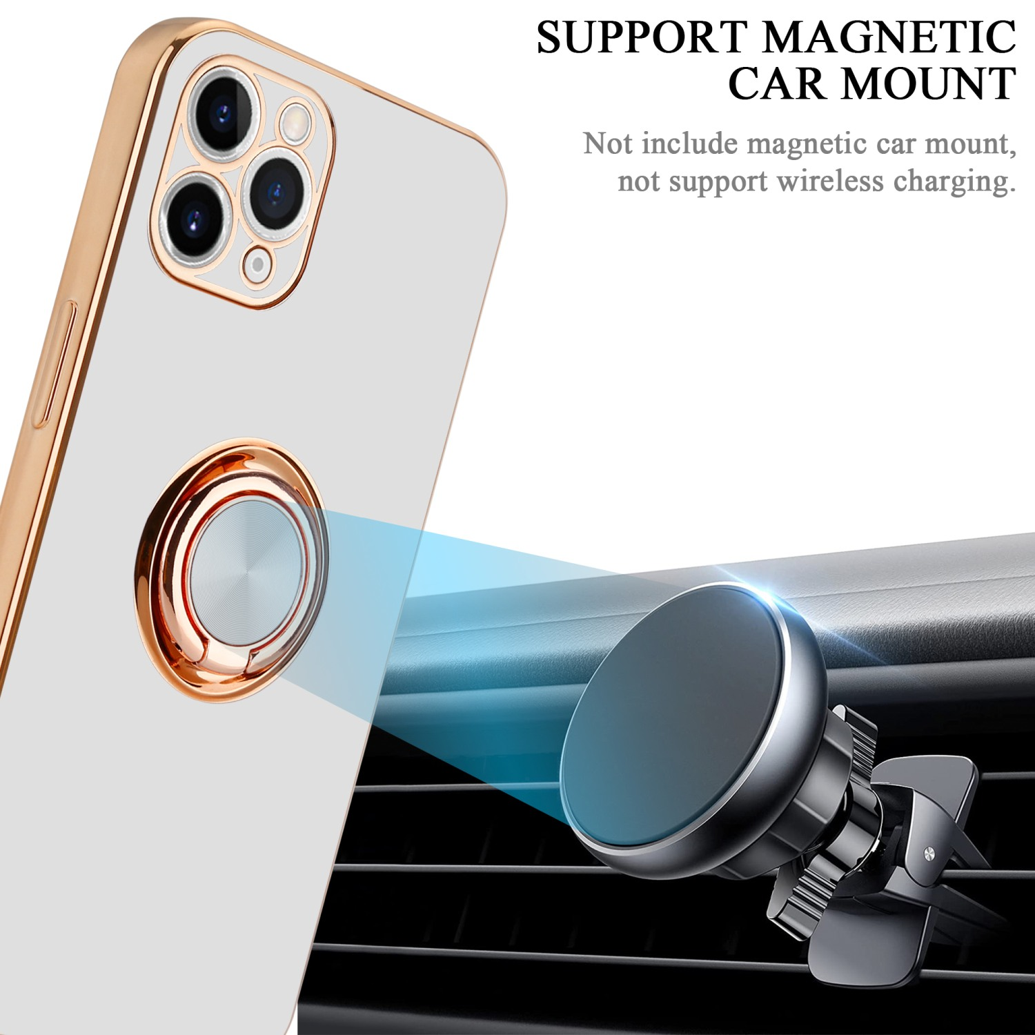 Ein weißes Telefon mit goldenem Ring und eine magnetische Autohalterung im Auto.
