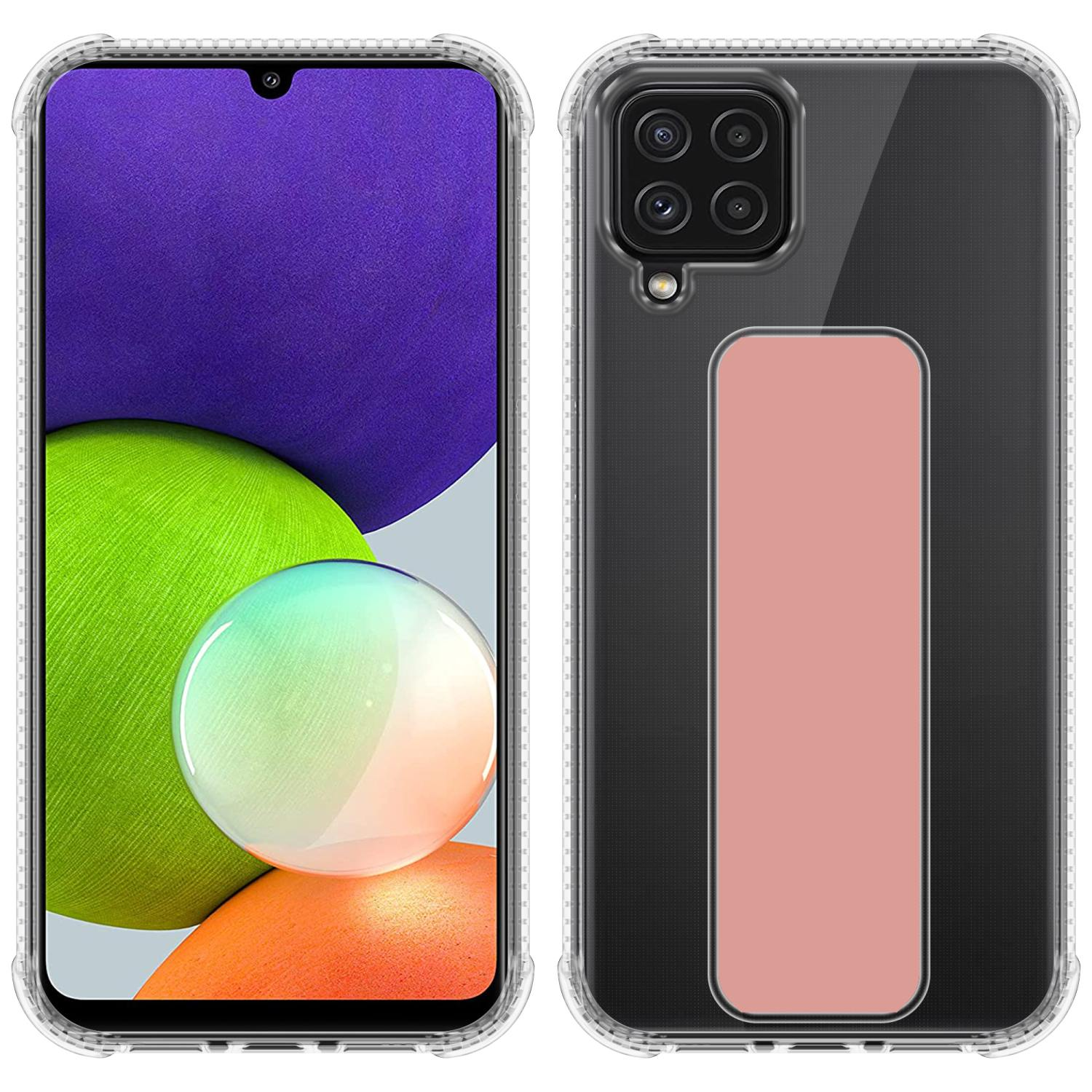 Zwei Telefonansichten, vorne lila, hinten pinkfarbener Pop-Socket.