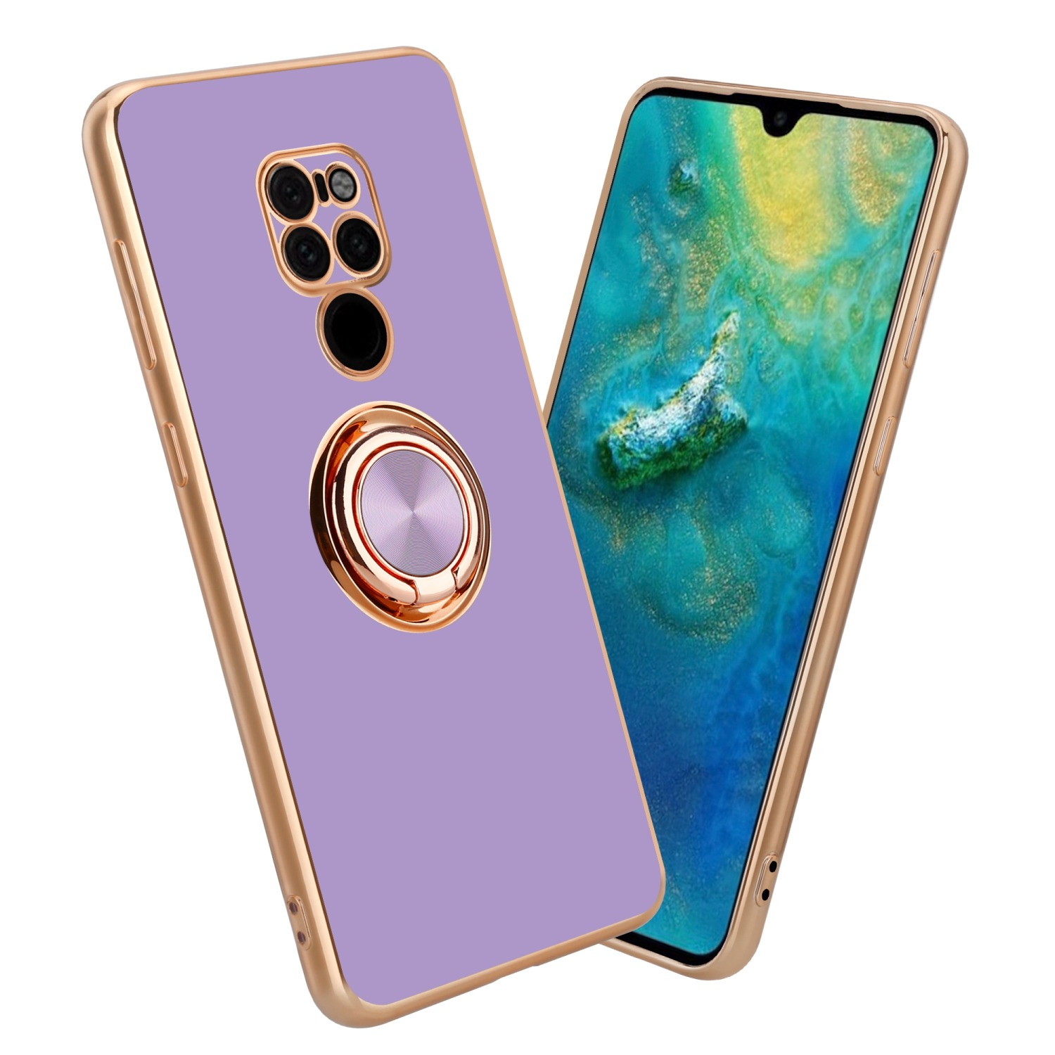 Custodia viola con bordi dorati, anello di supporto. Lo schermo del telefono è visibile a destra.