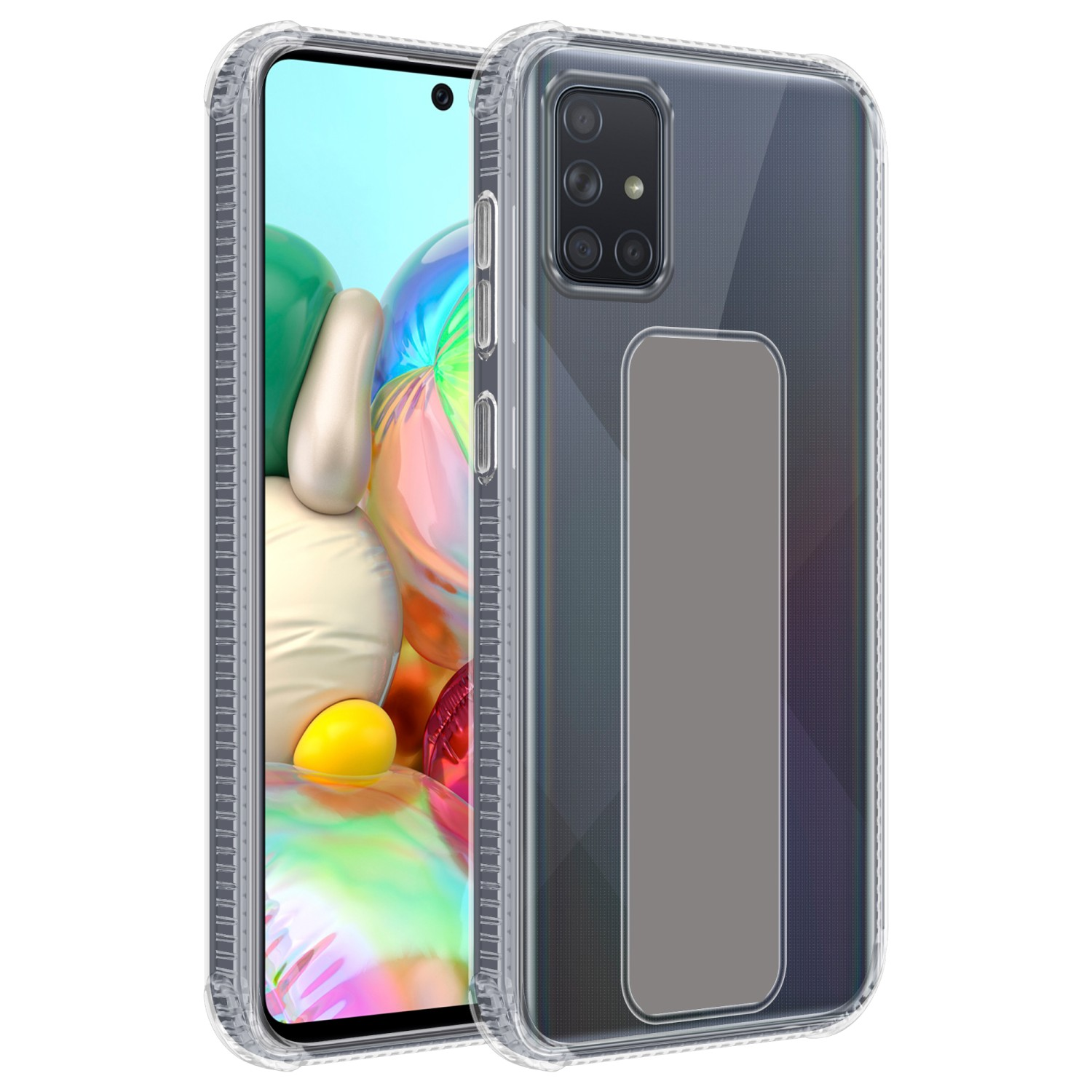 Transparente Handyhülle mit einem grauen Rechteck auf der Rückseite. Ein Telefon befindet sich in der Hülle.