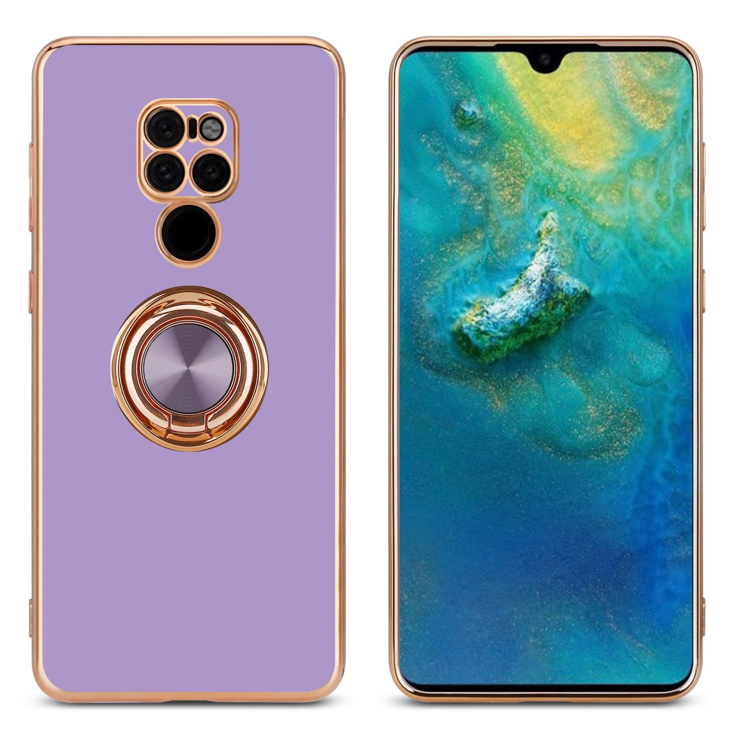Custodia viola con bordi dorati, anello e scena acquatica sul telefono.