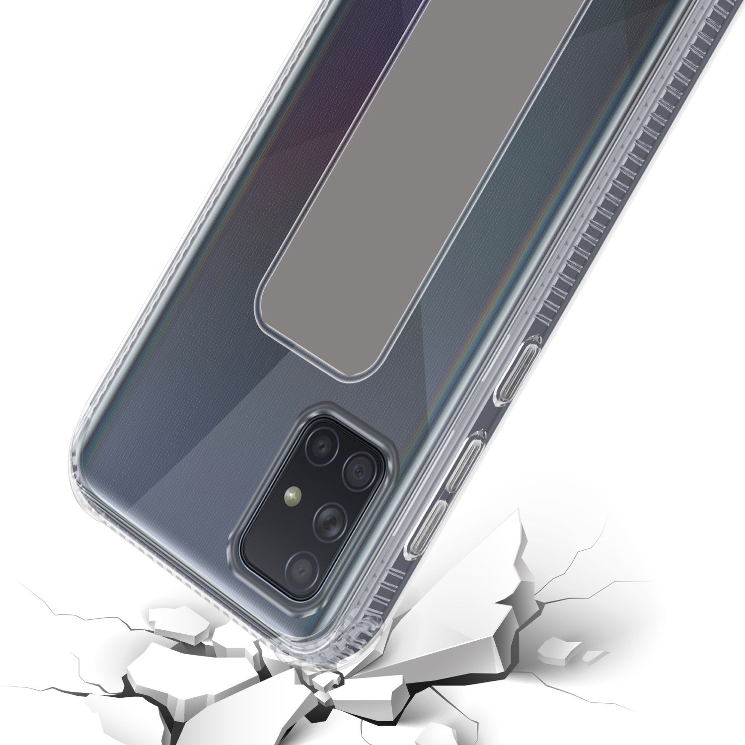 Eine Handyhülle mit Telefon, darunter ein Riss-Effekt. Die Hülle ist transparent.