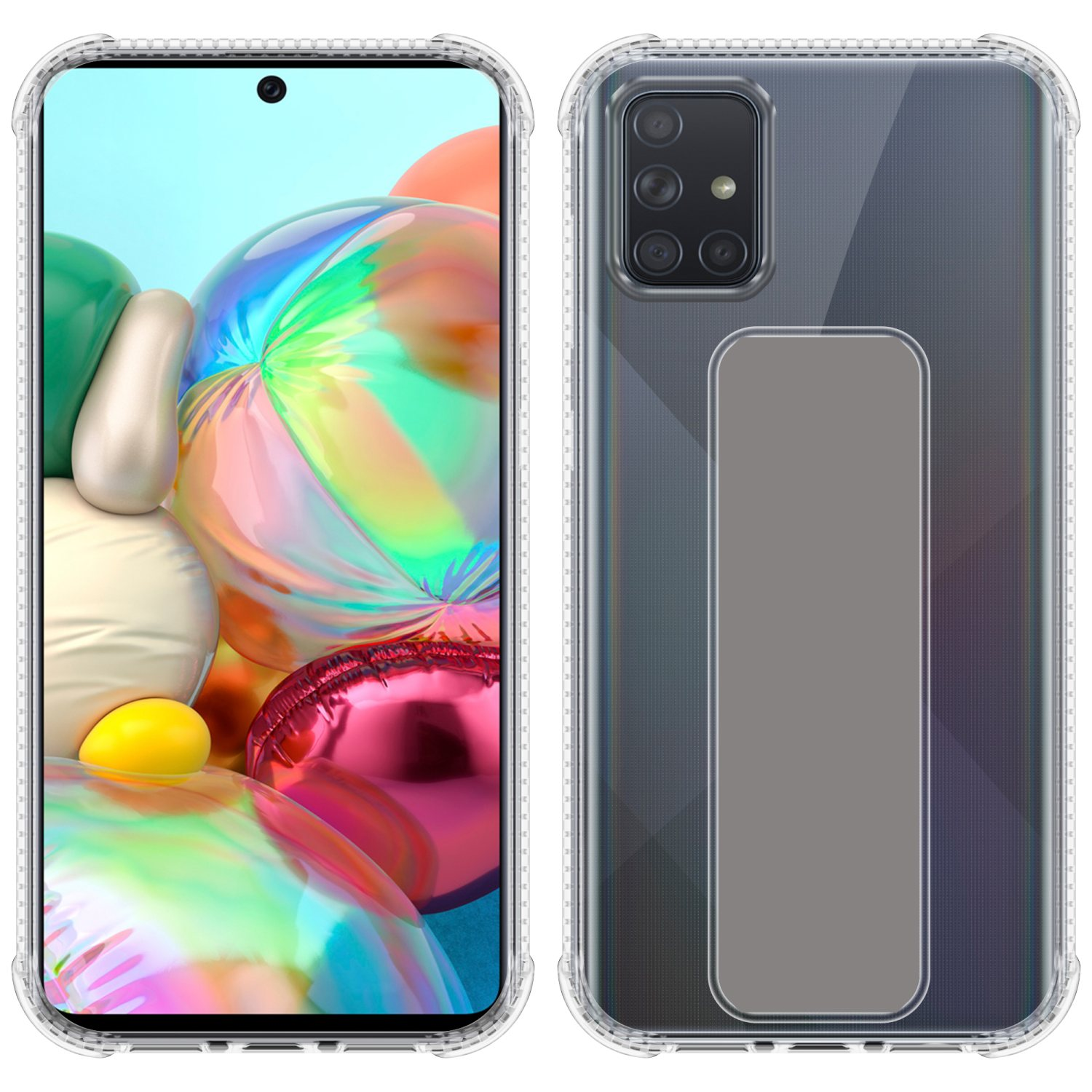 Telefonhüllen. Zwei Telefone mit Bildschirmanzeige, eines mit Handyhülle und Ringhalter.