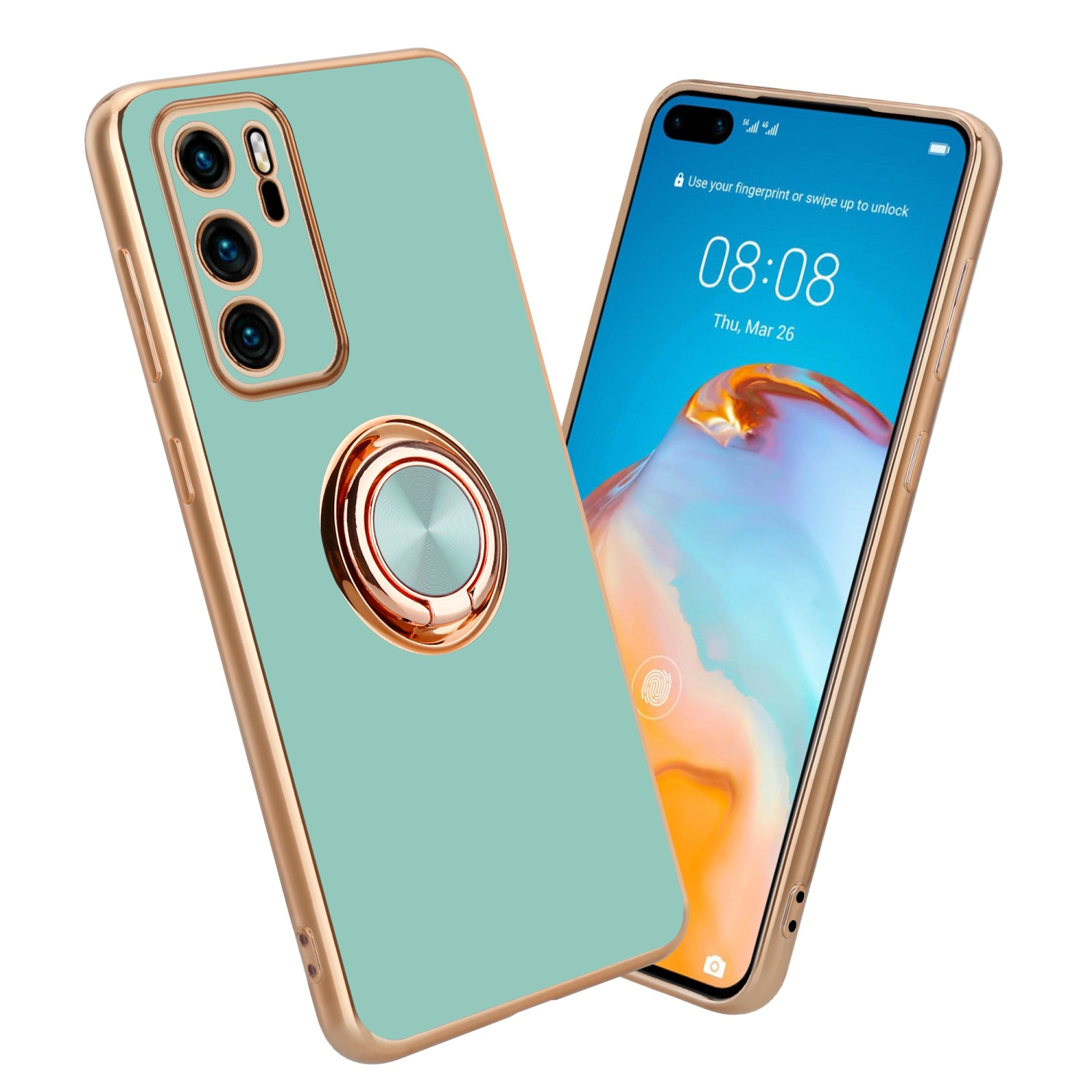 Un étui de téléphone vert menthe avec un support d'anneau doré et un écran.