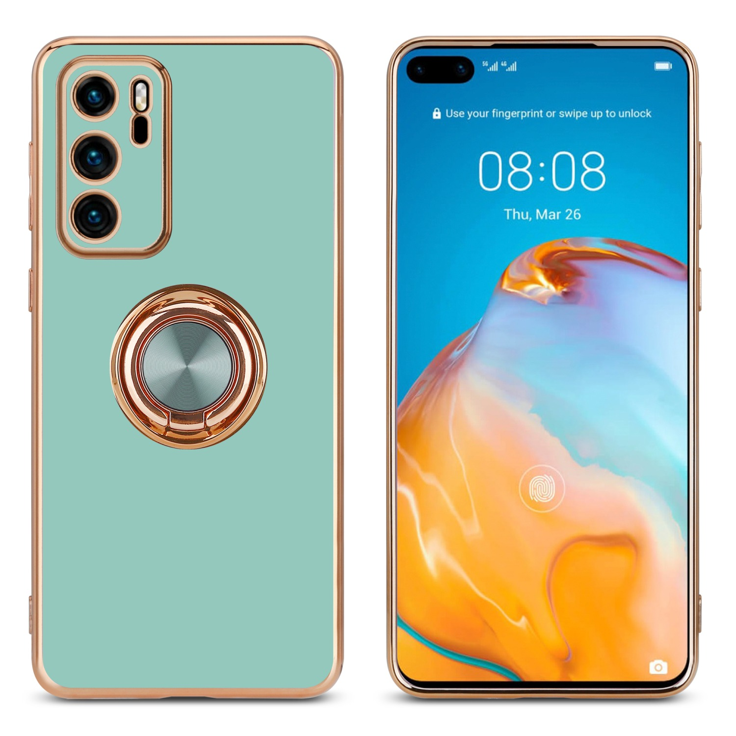 Coque de téléphone avec support à anneau et écran du téléphone affichant l'heure et le déverrouillage par empreinte digitale.