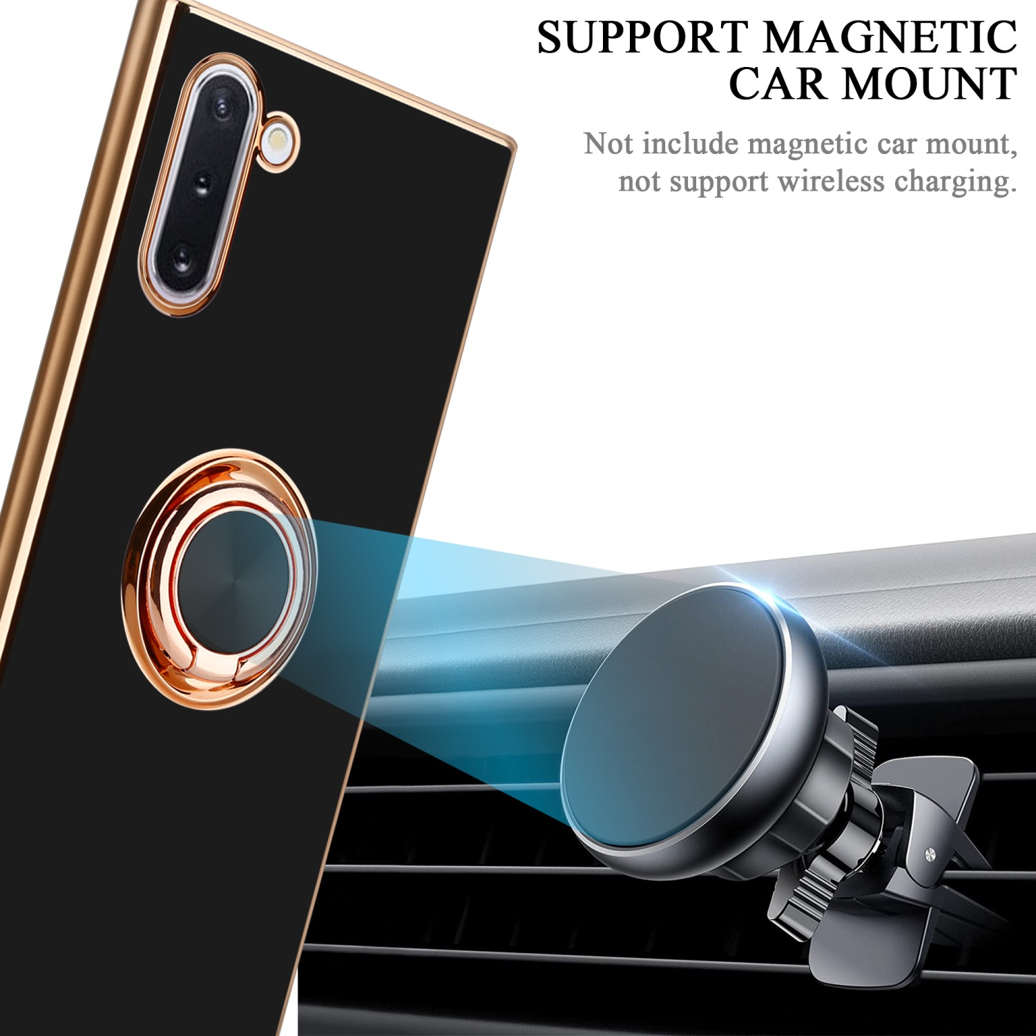 Custodia nera per telefono con finiture dorate. Un supporto magnetico per auto.