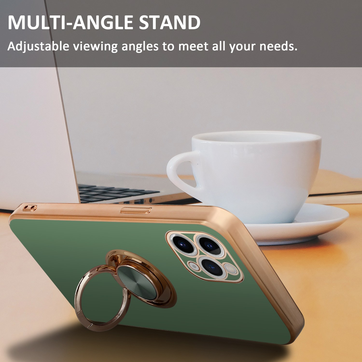 Ein Telefon mit Ringständer auf einem Tisch. Eine Kaffeetasse und ein Laptop sind sichtbar.