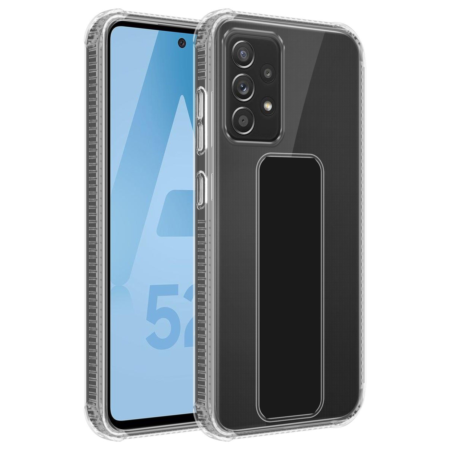Transparente Handyhülle mit schwarzer Rückseite. Ein Telefonbildschirm ist sichtbar.